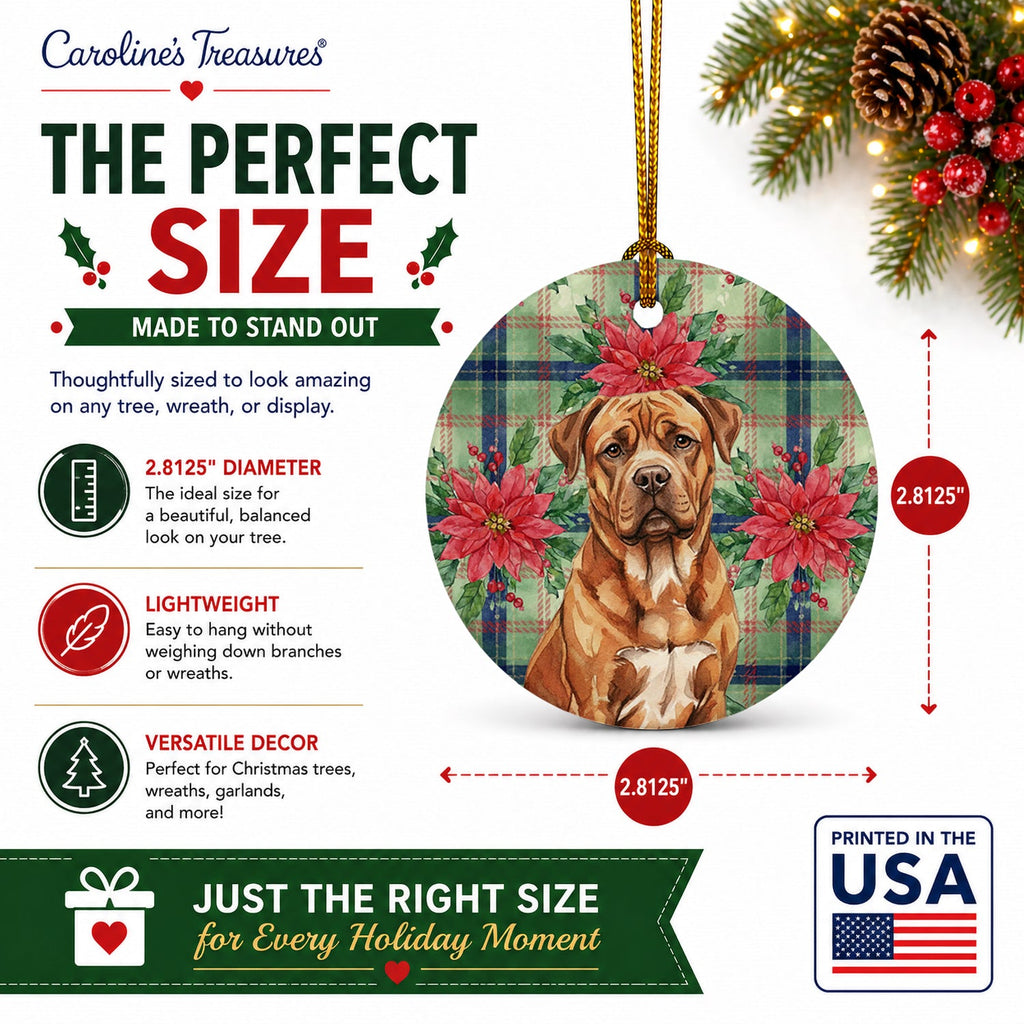 Mahogany Dogue de Bordeaux Christmas PoinsettIas Ceramic Ornament Christmas Tree Hanging Decorations for Home Christmas Holiday, Party, Gift, 3 in, Multicolor