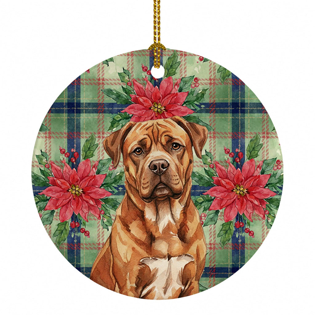 Mahogany Dogue de Bordeaux Christmas PoinsettIas Ceramic Ornament Christmas Tree Hanging Decorations for Home Christmas Holiday, Party, Gift, 3 in, Multicolor