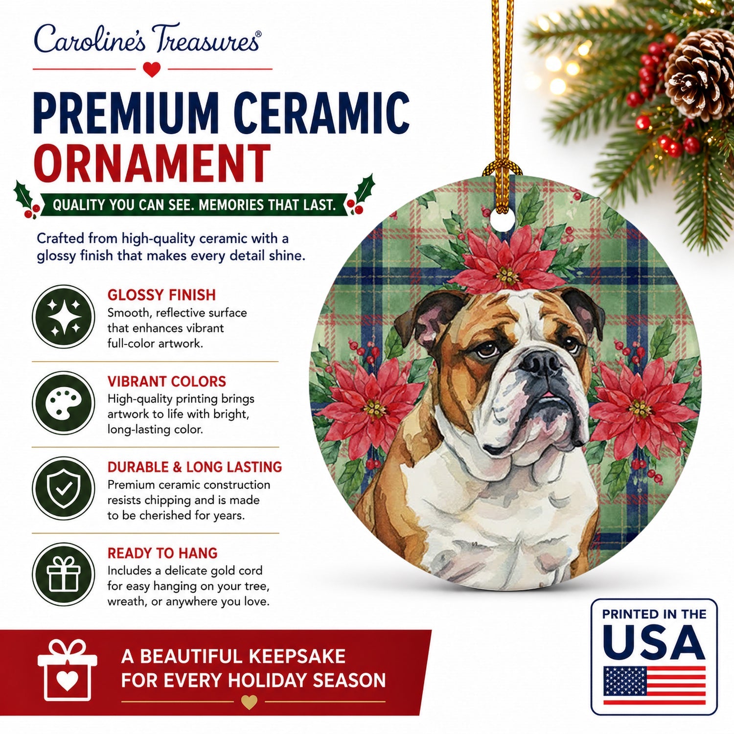 Brindle and White English Bulldog Christmas PoinsettIas Ceramic Ornament Christmas Tree Hanging Decorations for Home Christmas Holiday, Party, Gift, 3 in, Multicolor