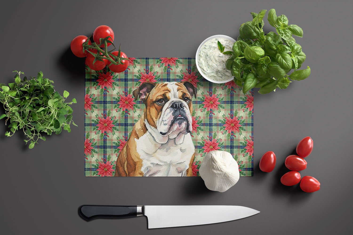 Brindle and White English Bulldog Christmas PoinsettIas Cutting Board Tempered Glass Kitchen Cutting Surface, Heat Resistant Chopping, Non-Slip Feet, Food Prep & Serving