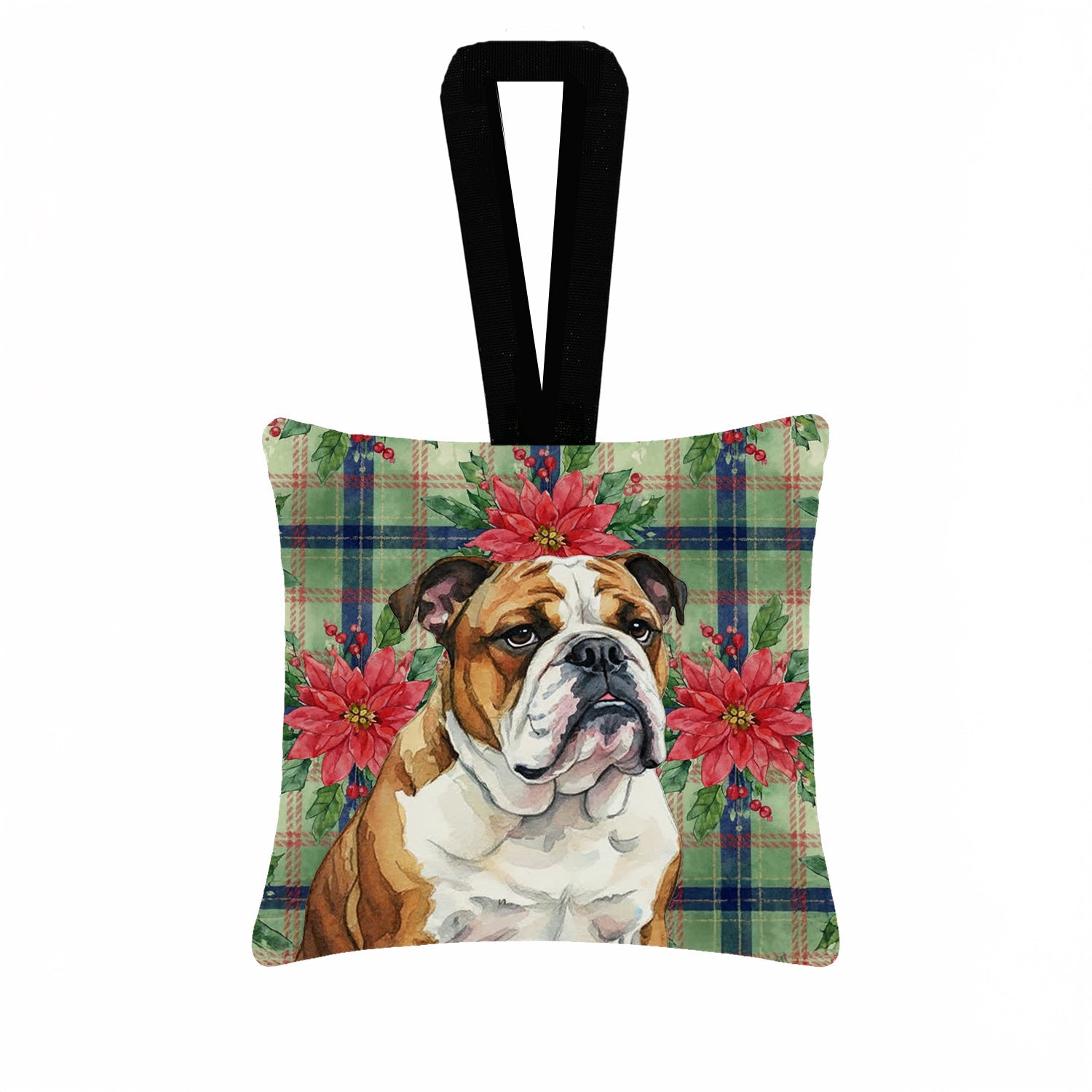 Brindle and White English Bulldog Christmas PoinsettIas Hanging Square Fabric Ornament 3.5 � 3.5 Decorative Door-Knob & Tree Hanger, Soft Fabric