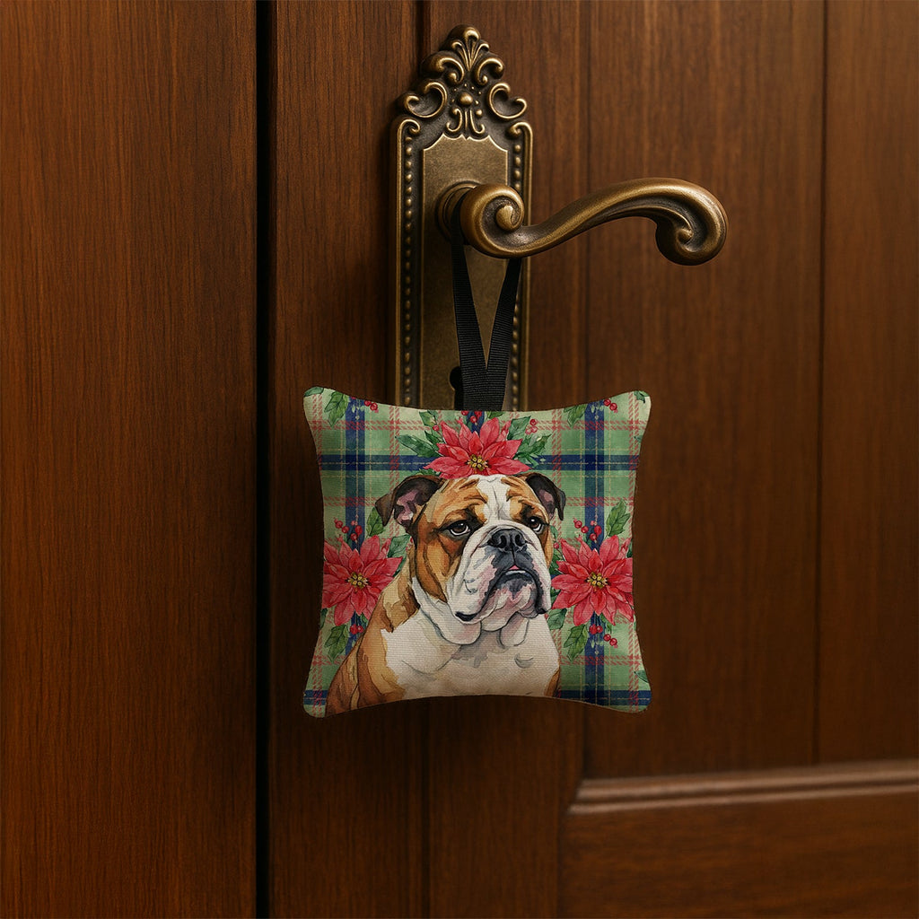 Brindle and White English Bulldog Christmas PoinsettIas Hanging Square Fabric Ornament 3.5 � 3.5 Decorative Door-Knob & Tree Hanger, Soft Fabric