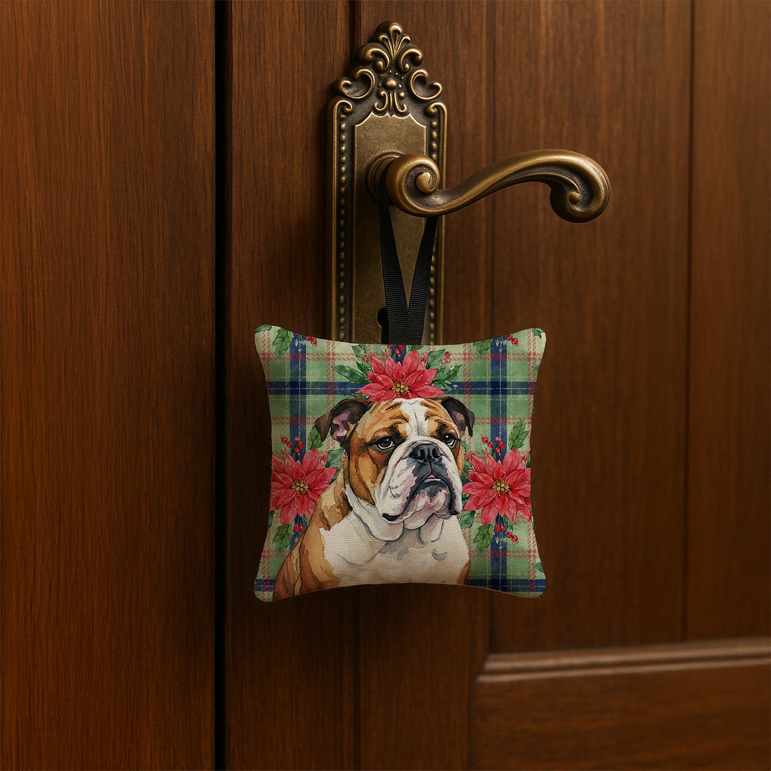 Brindle and White English Bulldog Christmas PoinsettIas Hanging Square Fabric Ornament 3.5 � 3.5 Decorative Door-Knob & Tree Hanger, Soft Fabric