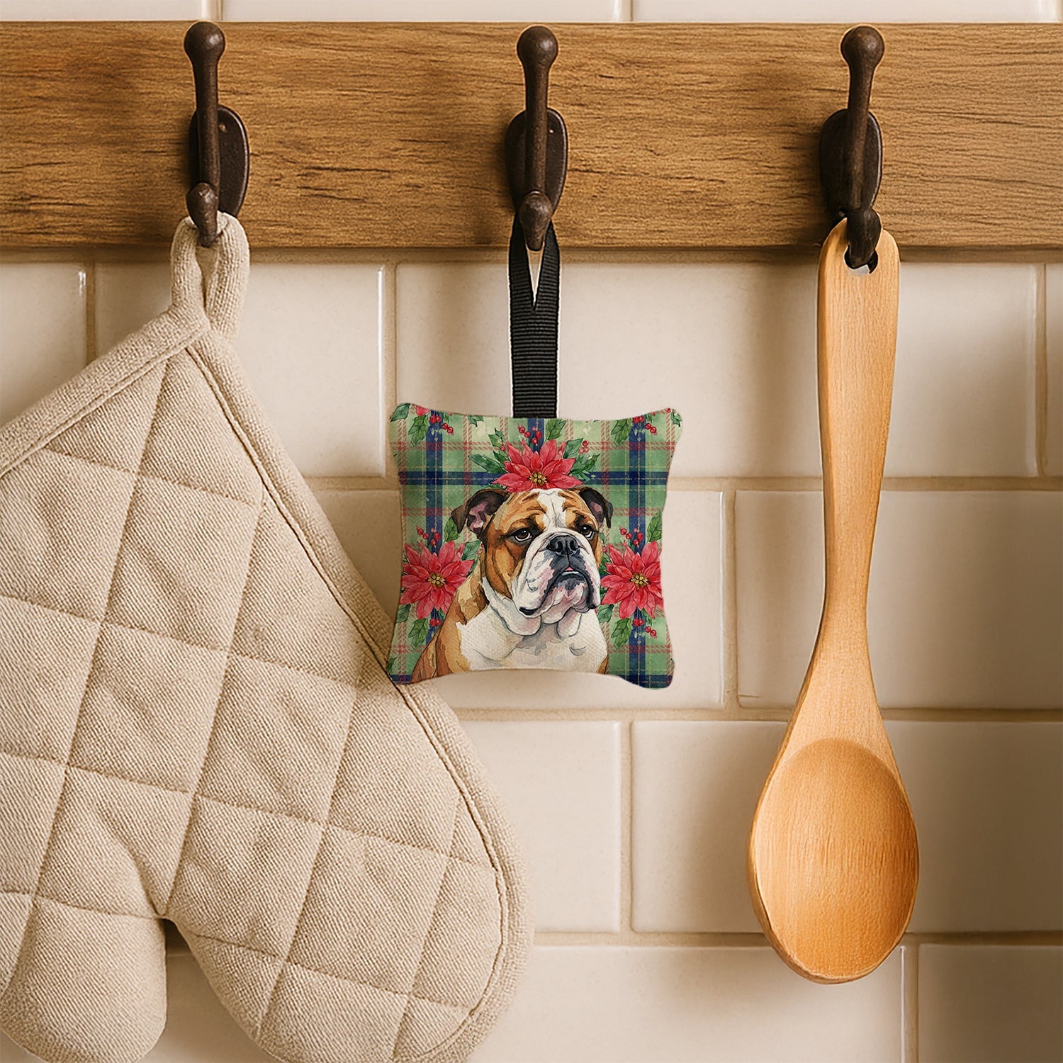 Brindle and White English Bulldog Christmas PoinsettIas Hanging Square Fabric Ornament 3.5 � 3.5 Decorative Door-Knob & Tree Hanger, Soft Fabric
