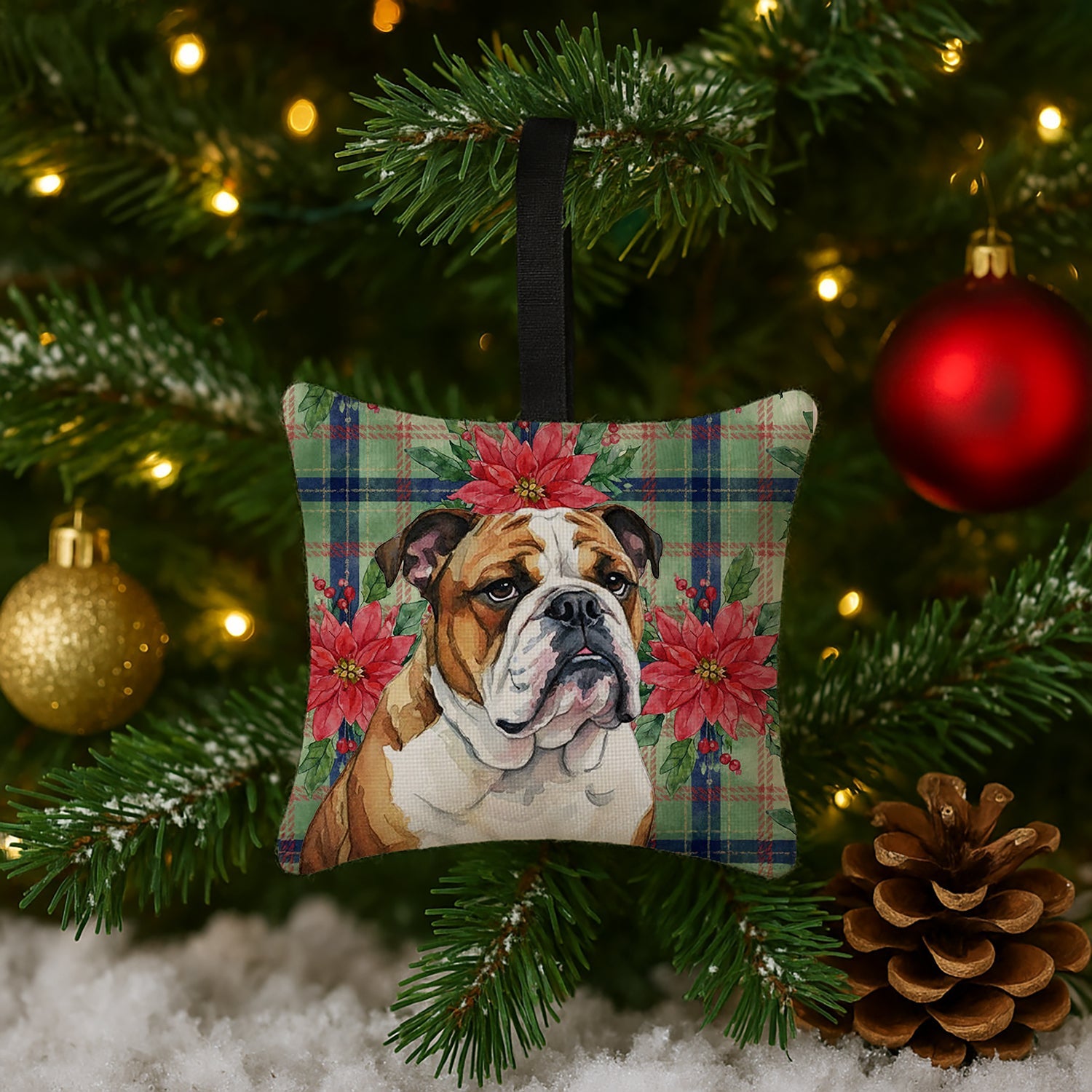 Brindle and White English Bulldog Christmas PoinsettIas Hanging Square Fabric Ornament 3.5 � 3.5 Decorative Door-Knob & Tree Hanger, Soft Fabric