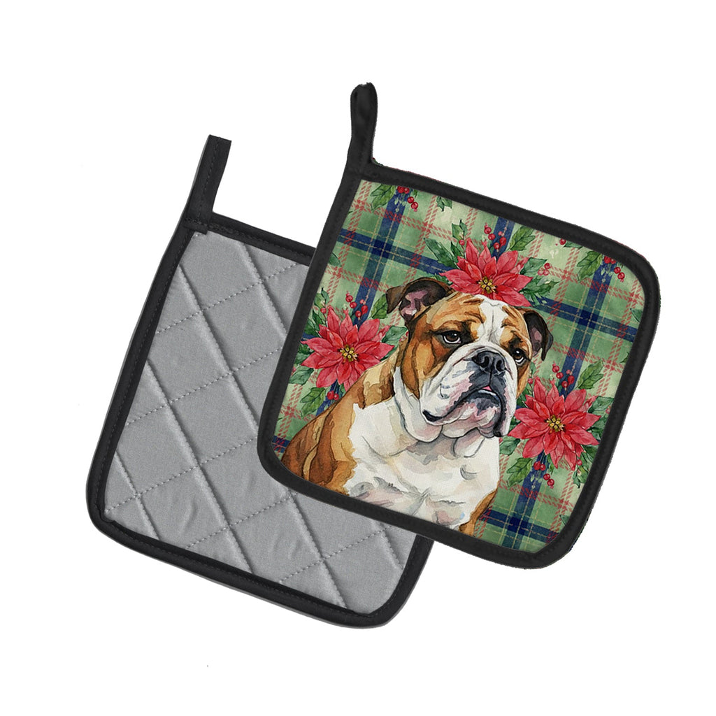 Brindle and White English Bulldog Christmas PoinsettIas Pot Holder Set of 2 Heat Resistant Quilted Hot Pads 7.5 x 7.5 Inch, Insulated Kitchen Trivets for Cooking & Baking