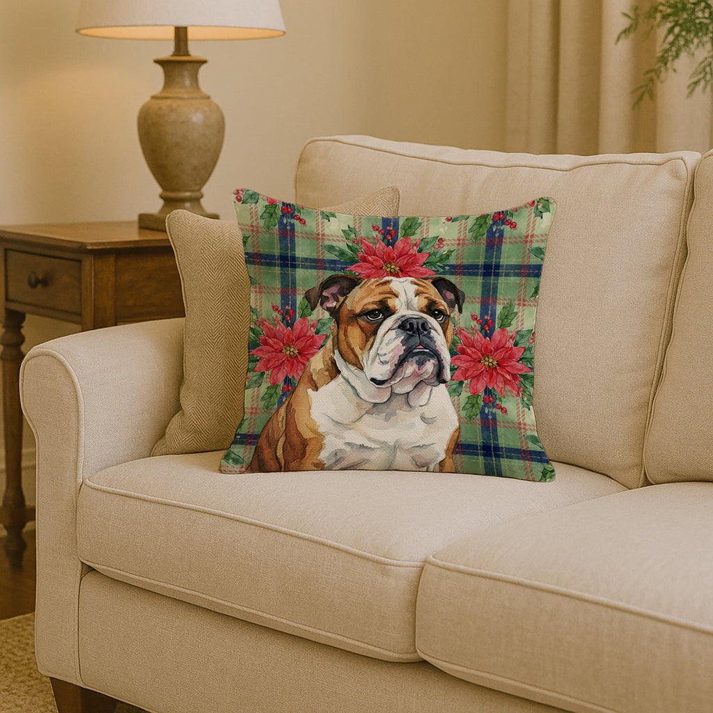 Brindle and White English Bulldog Christmas PoinsettIas Decorative Throw Pillow 14x14 Indoor Outdoor Accent Cushion, Fabric Cover with Insert for Sofa, Bed, Porch & Living Room