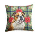 Brindle and White English Bulldog Christmas PoinsettIas Decorative Throw Pillow 18x18 Indoor Outdoor Accent Cushion, Fabric Cover with Insert for Sofa, Bed, Porch & Living Room