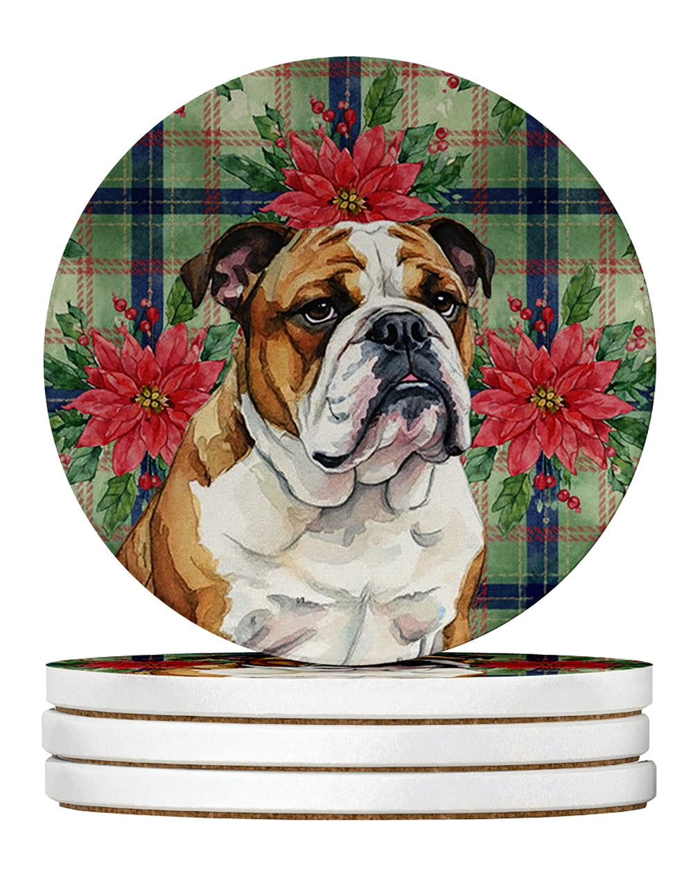 Brindle and White English Bulldog Christmas PoinsettIas Large Sandstone Coasters Pack of 4 Absorbent Round Coasters Decor Gifts for Men or Women, 4 in, Multicolor