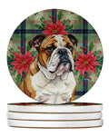 Brindle and White English Bulldog Christmas PoinsettIas Large Sandstone Coasters Pack of 4 Absorbent Round Coasters Decor Gifts for Men or Women, 4 in, Multicolor