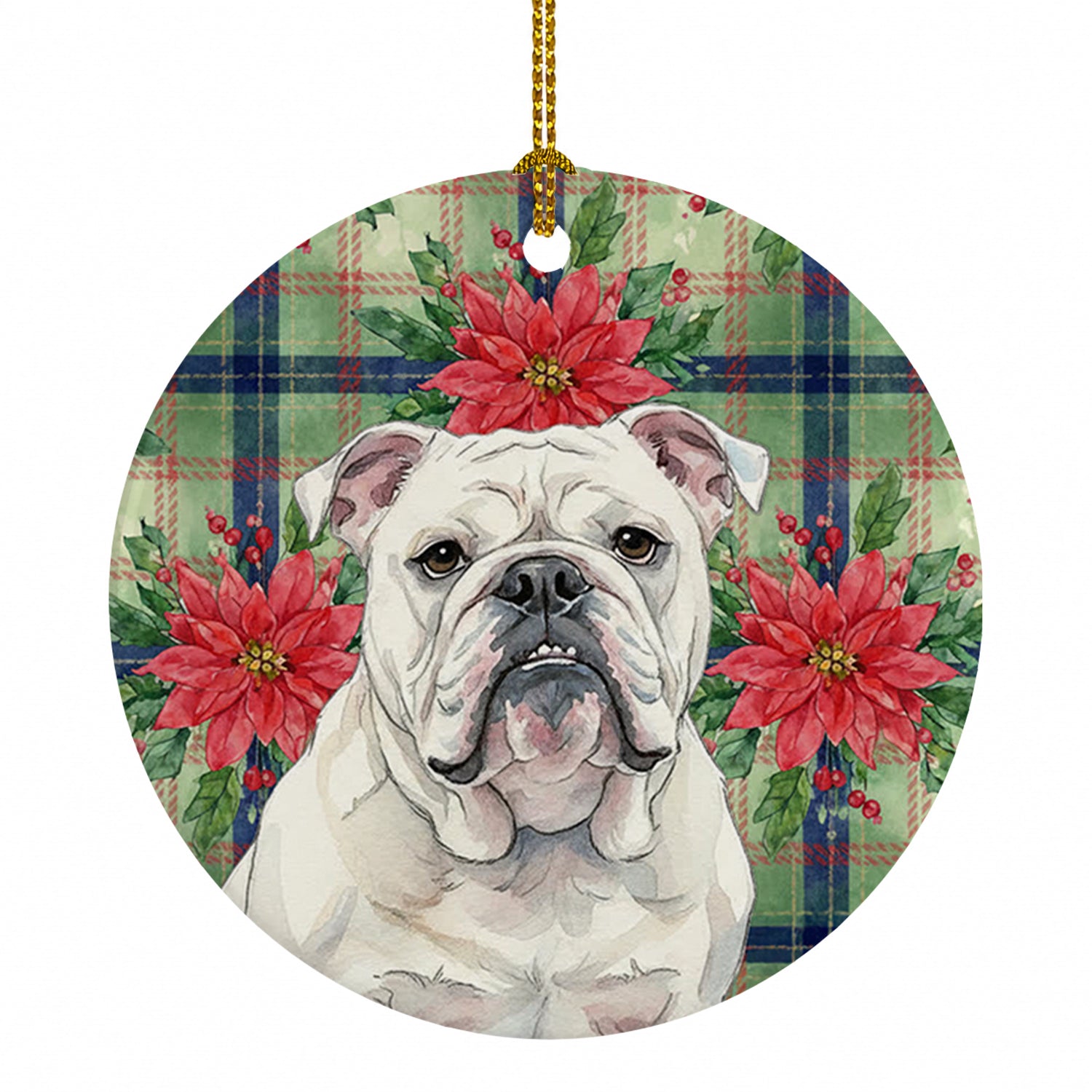 White English Bulldog Christmas PoinsettIas Ceramic Ornament Christmas Tree Hanging Decorations for Home Christmas Holiday, Party, Gift, 3 in, Multicolor