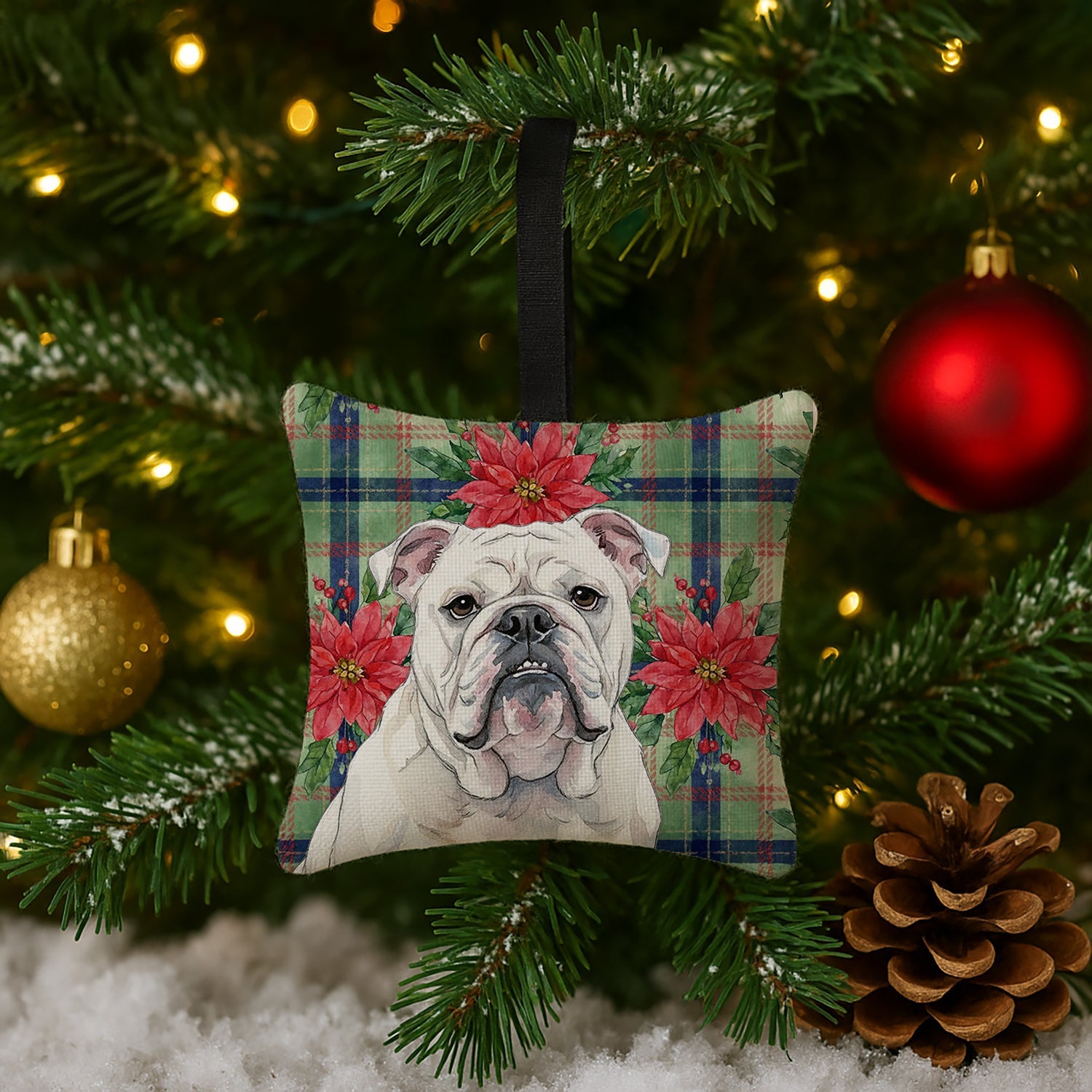 White English Bulldog Christmas PoinsettIas Hanging Square Fabric Ornament 3.5 � 3.5 Decorative Door-Knob & Tree Hanger, Soft Fabric