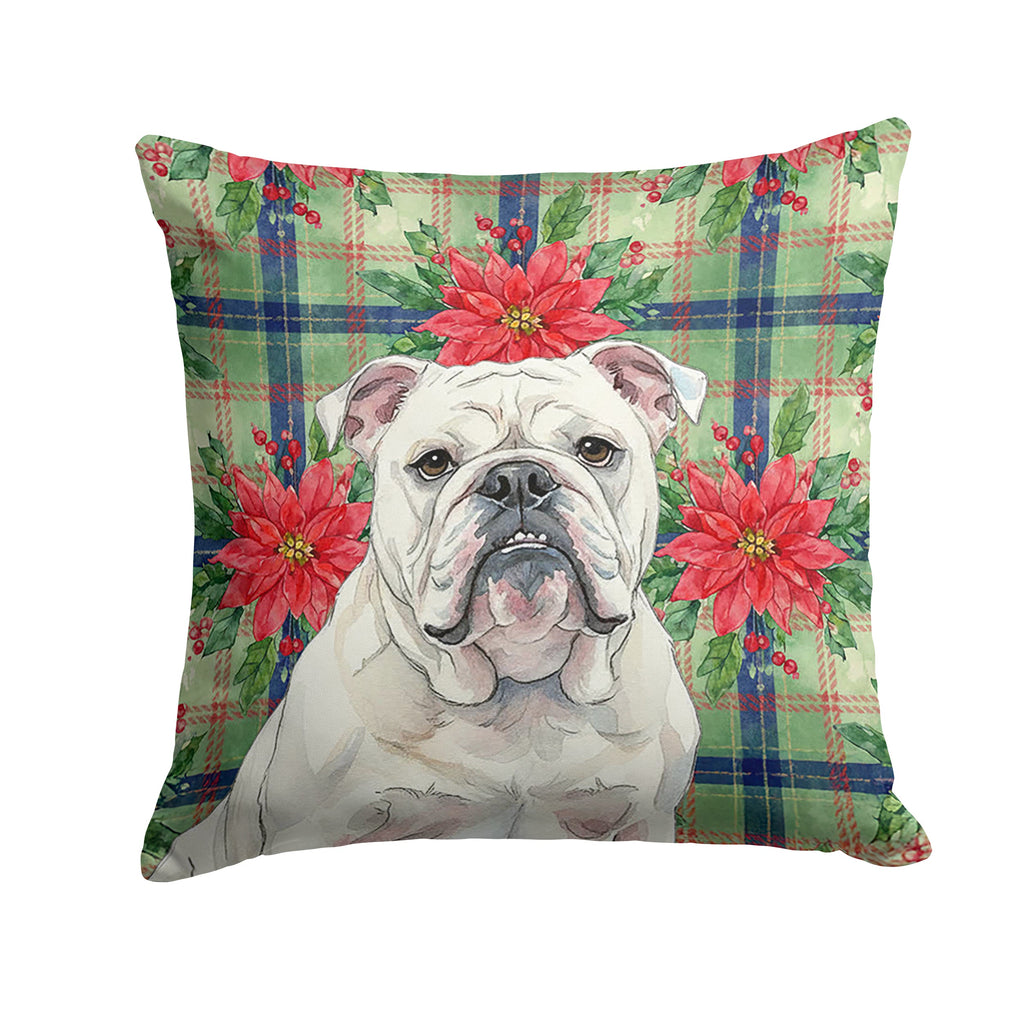 White English Bulldog Christmas PoinsettIas Decorative Throw Pillow 14x14 Indoor Outdoor Accent Cushion, Fabric Cover with Insert for Sofa, Bed, Porch & Living Room