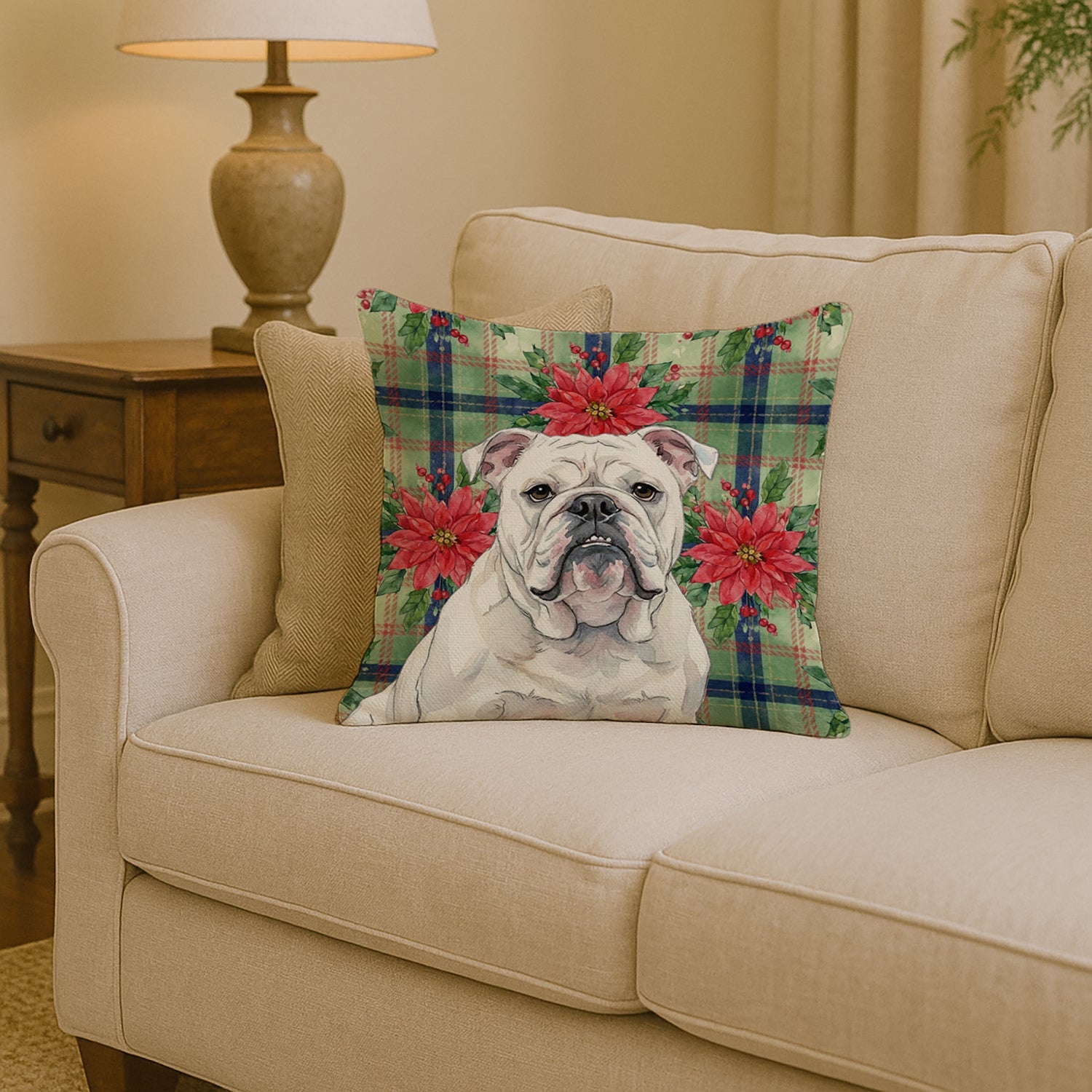 White English Bulldog Christmas PoinsettIas Decorative Throw Pillow 14x14 Indoor Outdoor Accent Cushion, Fabric Cover with Insert for Sofa, Bed, Porch & Living Room