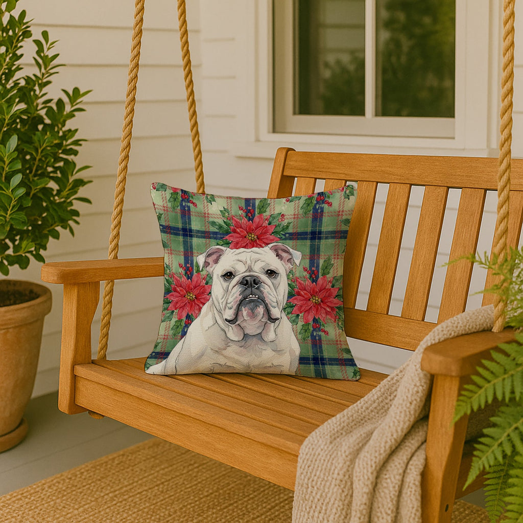 White English Bulldog Christmas PoinsettIas Decorative Throw Pillow 18x18 Indoor Outdoor Accent Cushion, Fabric Cover with Insert for Sofa, Bed, Porch & Living Room