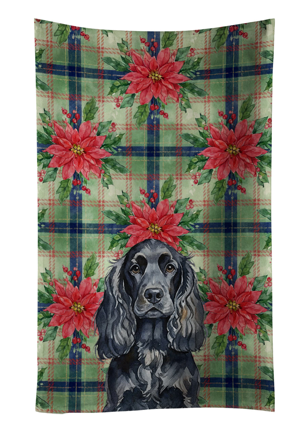 Black English Cocker Spaniel Christmas PoinsettIas Kitchen Towel Velour Plush Front and Cotton Loop Back Machine Washable