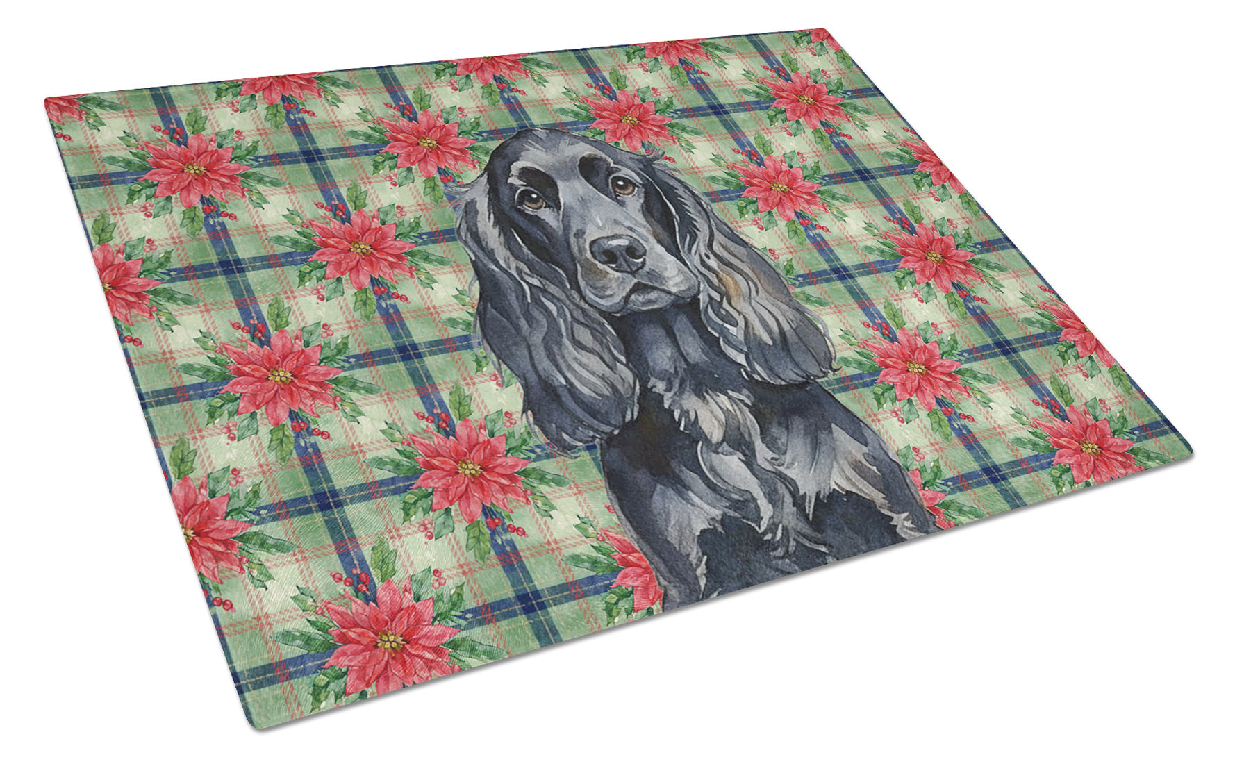 Black English Cocker Spaniel Christmas PoinsettIas Cutting Board Tempered Glass Kitchen Cutting Surface, Heat Resistant Chopping, Non-Slip Feet, Food Prep & Serving