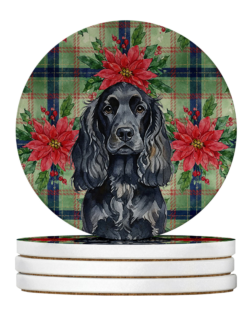 Black English Cocker Spaniel Christmas PoinsettIas Large Sandstone Coasters Pack of 4 Absorbent Round Coasters Decor Gifts for Men or Women, 4 in, Multicolor