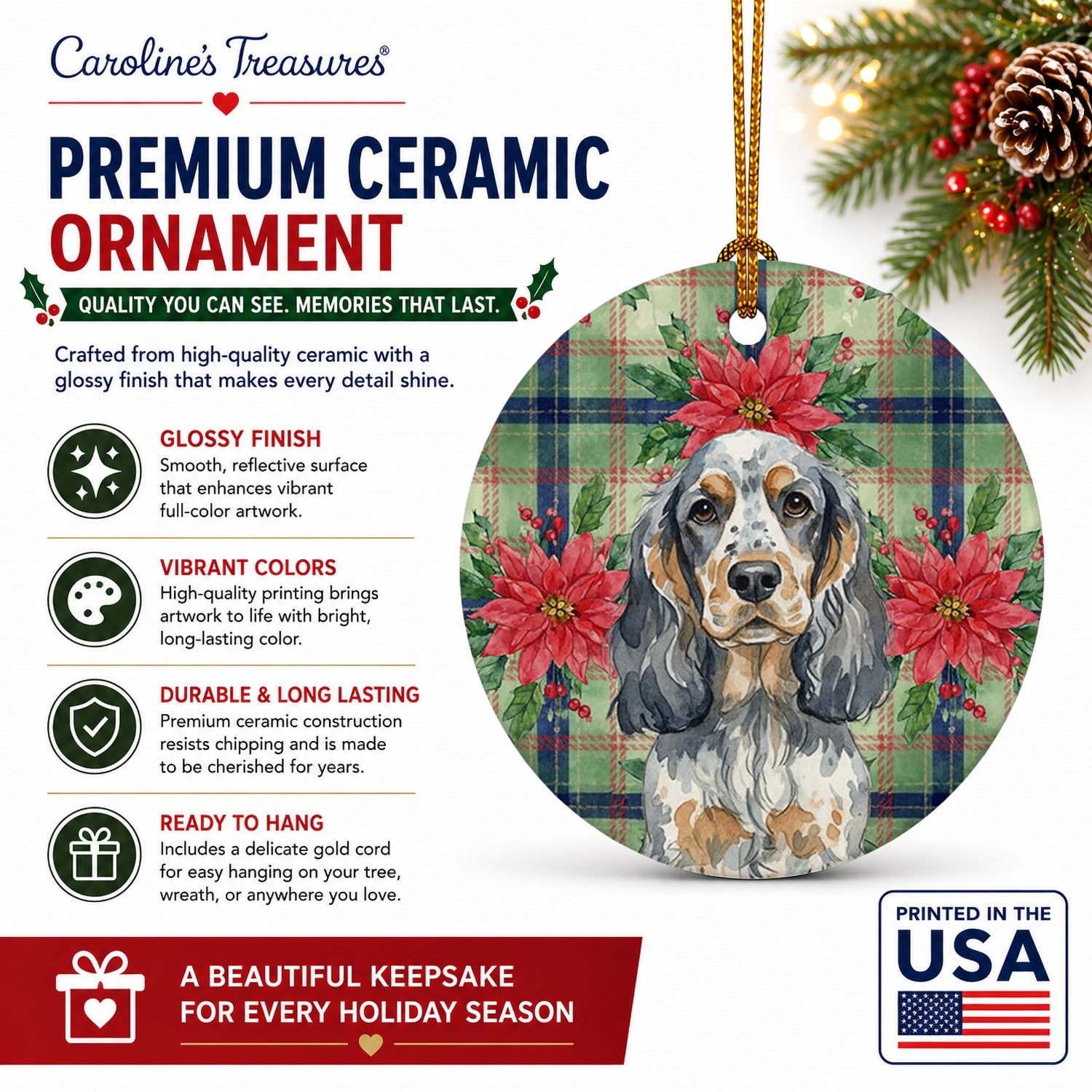 Blue Roan & Tan English Cocker Spaniel Christmas PoinsettIas Ceramic Ornament Christmas Tree Hanging Decorations for Home Christmas Holiday, Party, Gift, 3 in, Multicolor