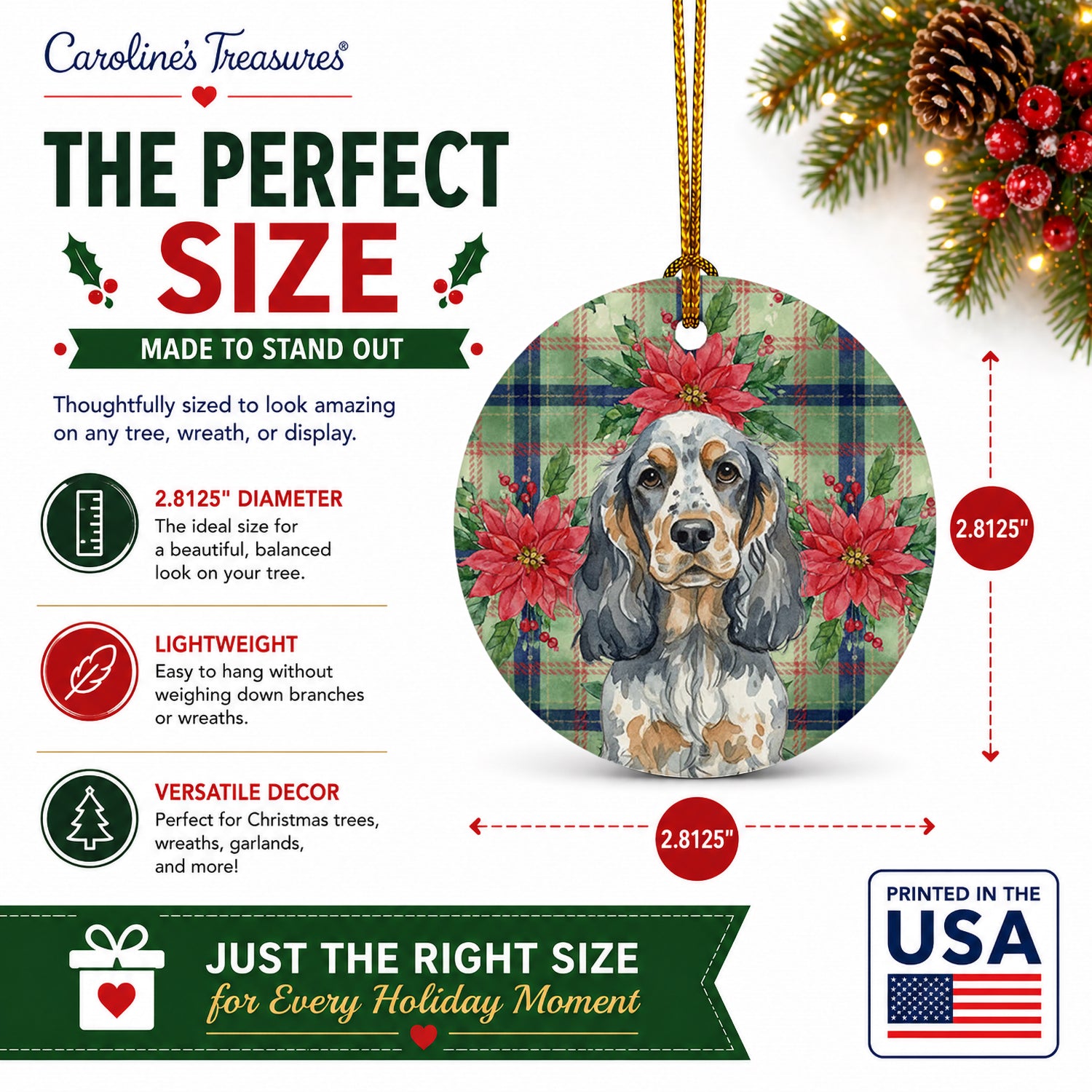 Blue Roan & Tan English Cocker Spaniel Christmas PoinsettIas Ceramic Ornament Christmas Tree Hanging Decorations for Home Christmas Holiday, Party, Gift, 3 in, Multicolor
