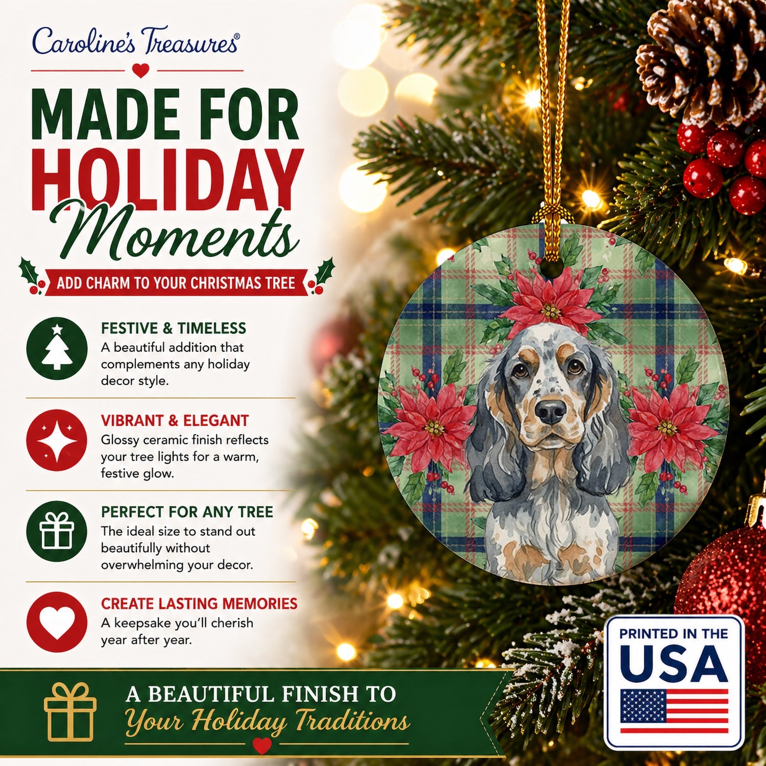 Blue Roan & Tan English Cocker Spaniel Christmas PoinsettIas Ceramic Ornament Christmas Tree Hanging Decorations for Home Christmas Holiday, Party, Gift, 3 in, Multicolor