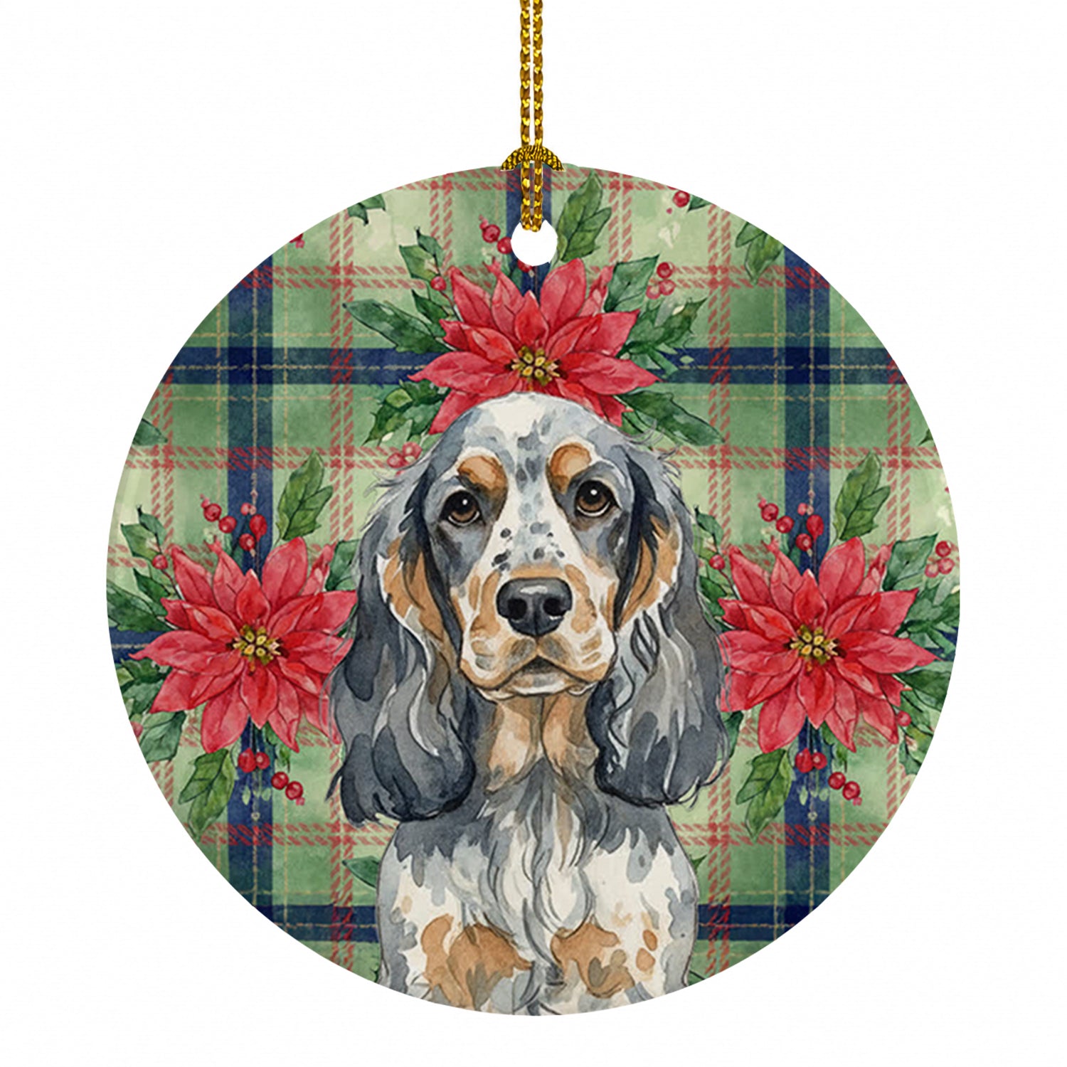 Blue Roan & Tan English Cocker Spaniel Christmas PoinsettIas Ceramic Ornament Christmas Tree Hanging Decorations for Home Christmas Holiday, Party, Gift, 3 in, Multicolor
