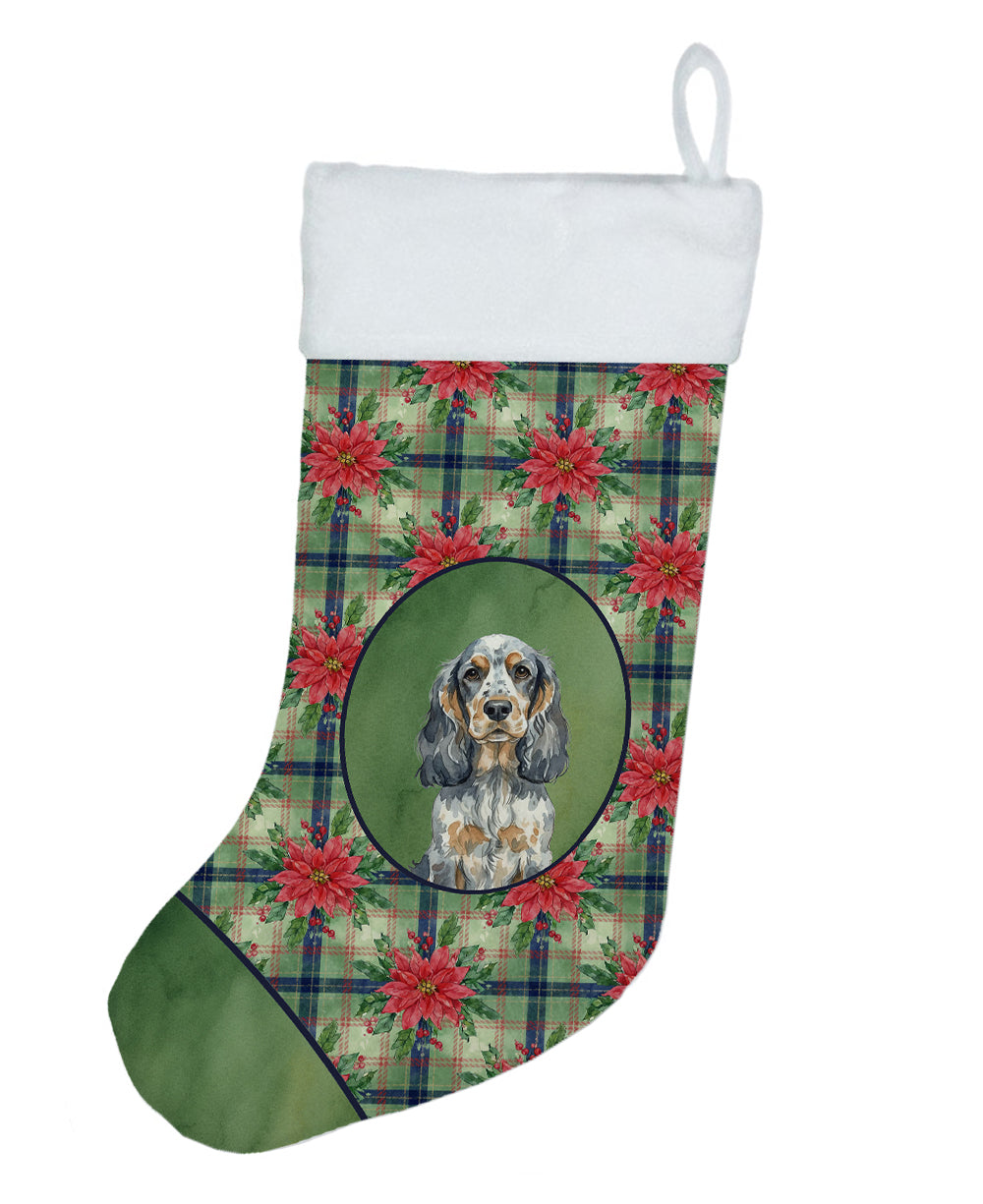 Blue Roan & Tan English Cocker Spaniel Christmas PoinsettIas Holiday Stocking Double-Sided Print, Polyester Suede,11x18, Made in USA