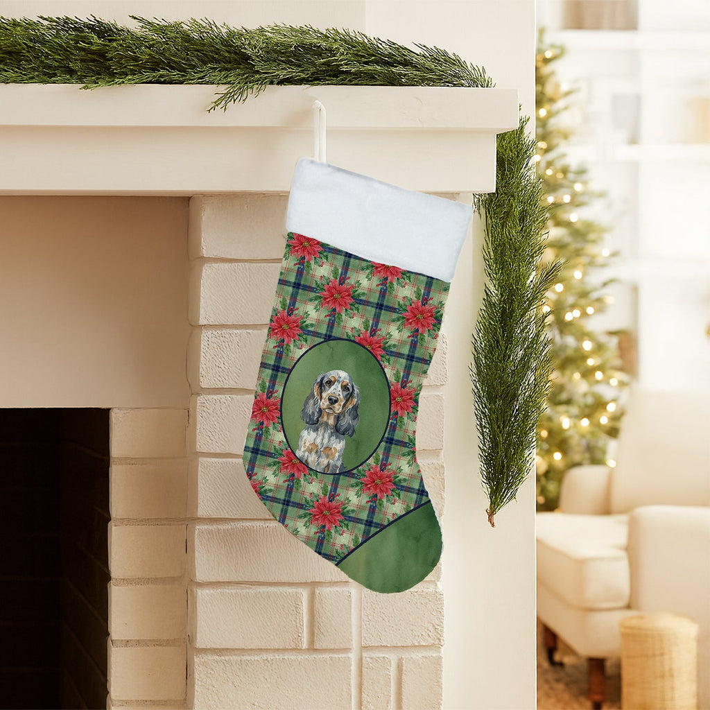 Blue Roan & Tan English Cocker Spaniel Christmas PoinsettIas Holiday Stocking Double-Sided Print, Polyester Suede,11x18, Made in USA