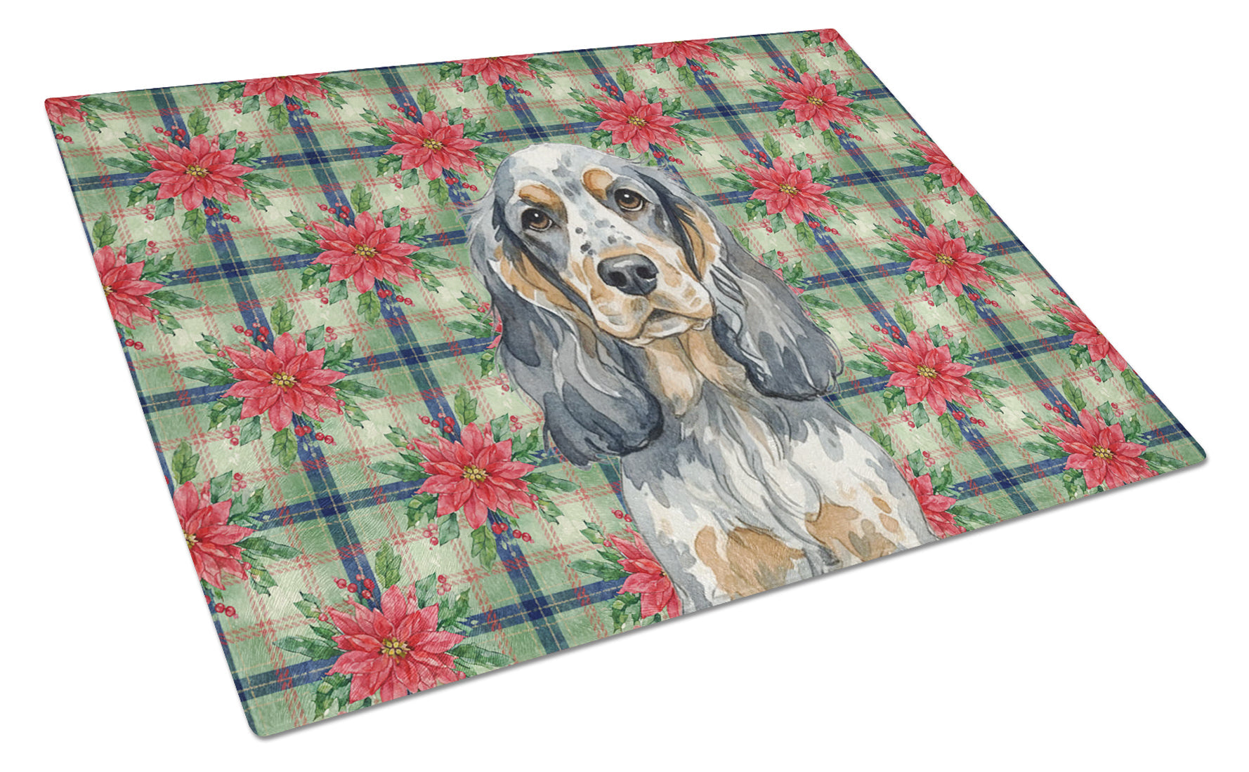 Blue Roan & Tan English Cocker Spaniel Christmas PoinsettIas Cutting Board Tempered Glass Kitchen Cutting Surface, Heat Resistant Chopping, Non-Slip Feet, Food Prep & Serving