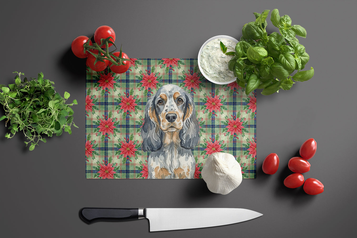 Blue Roan & Tan English Cocker Spaniel Christmas PoinsettIas Cutting Board Tempered Glass Kitchen Cutting Surface, Heat Resistant Chopping, Non-Slip Feet, Food Prep & Serving