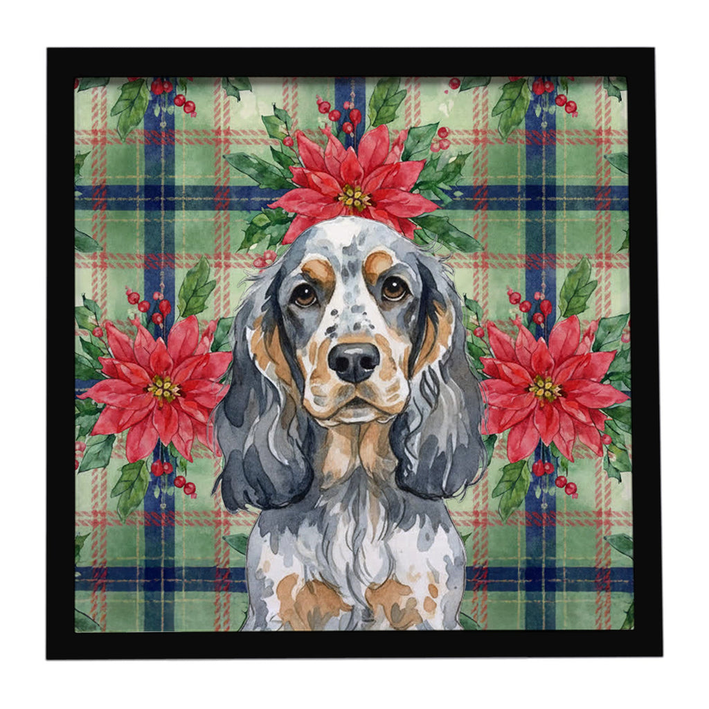 Blue Roan & Tan English Cocker Spaniel Christmas PoinsettIas Framed Metal Print Bathroom, Kitchen, Office, Home Decor Wall Art Ready to Hang, Square, 8X8