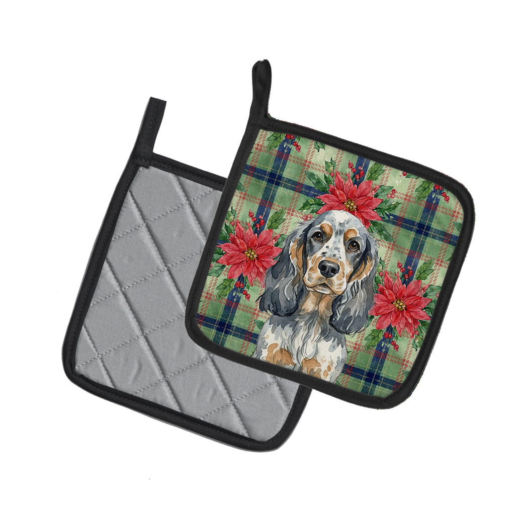 Blue Roan & Tan English Cocker Spaniel Christmas PoinsettIas Pot Holder Set of 2 Heat Resistant Quilted Hot Pads 7.5 x 7.5 Inch, Insulated Kitchen Trivets for Cooking & Baking