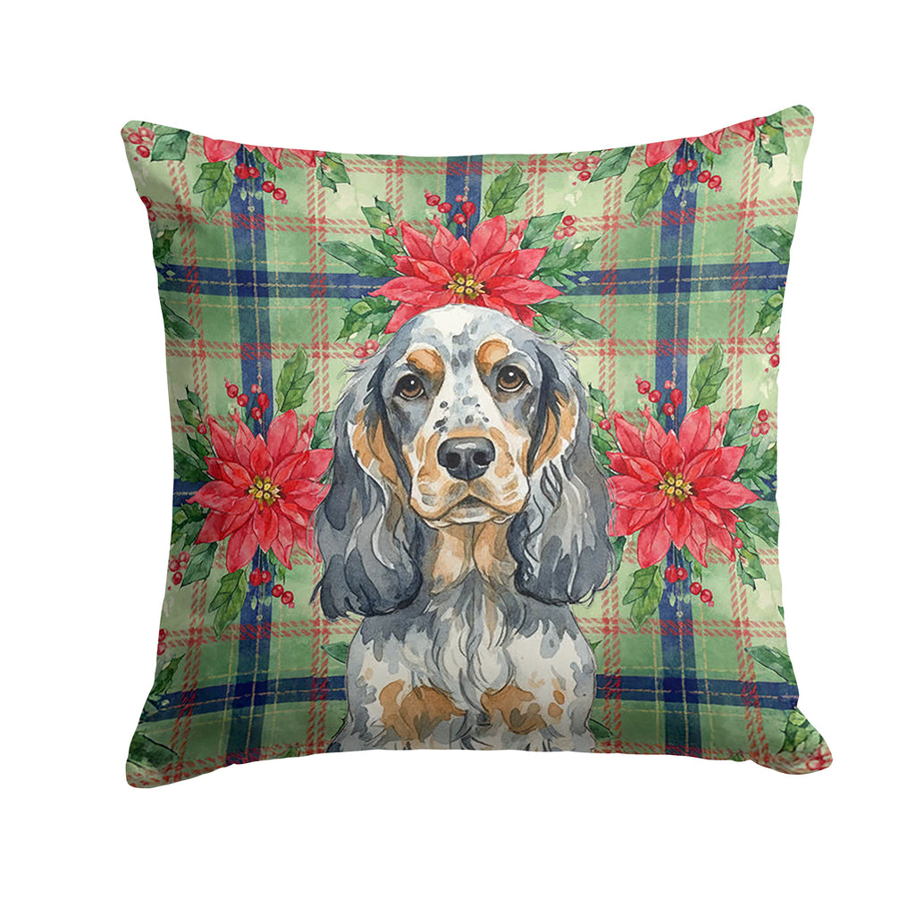 Blue Roan & Tan English Cocker Spaniel Christmas PoinsettIas Decorative Throw Pillow 14x14 Indoor Outdoor Accent Cushion, Fabric Cover with Insert for Sofa, Bed, Porch & Living Room