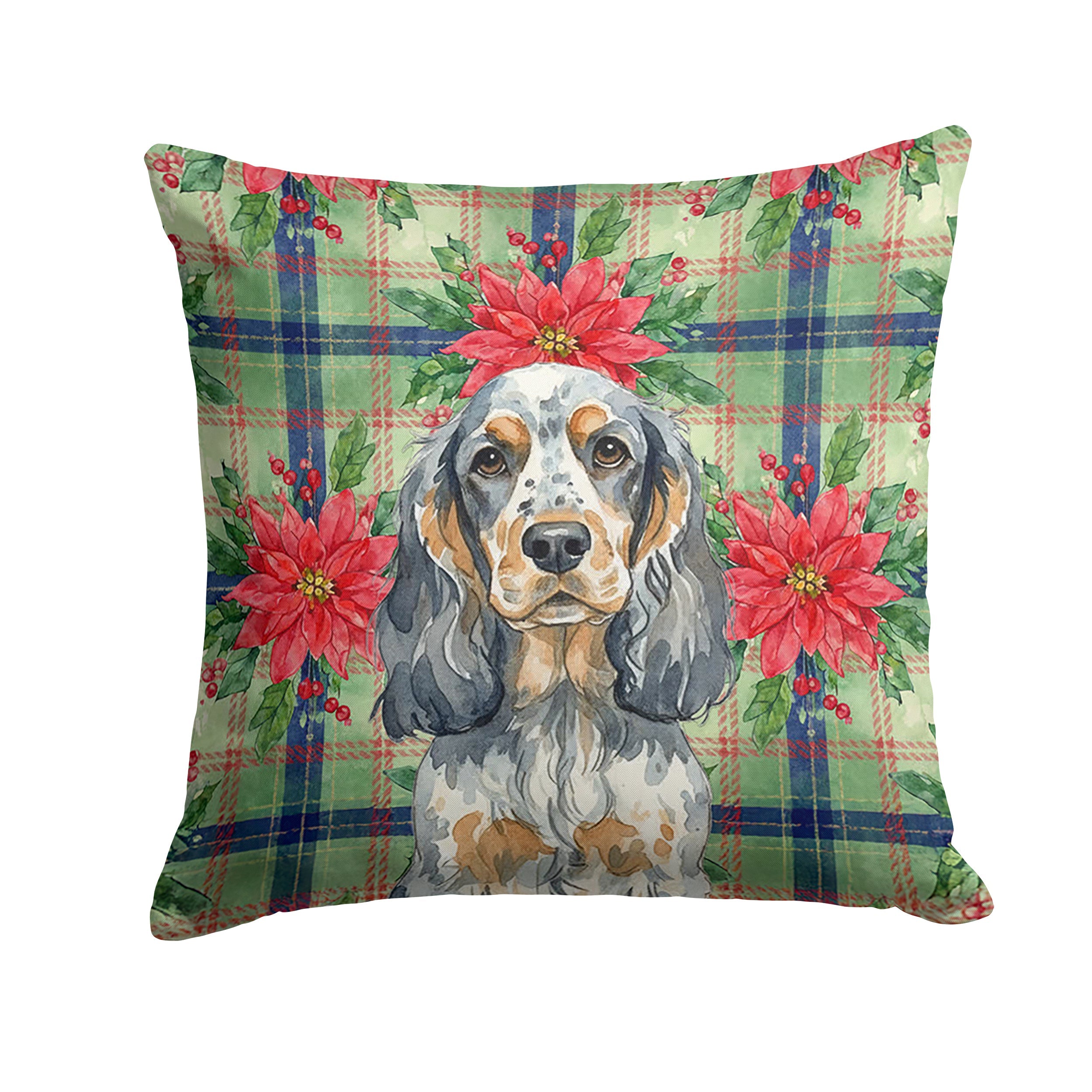 Blue Roan & Tan English Cocker Spaniel Christmas PoinsettIas Decorative Throw Pillow 18x18 Indoor Outdoor Accent Cushion, Fabric Cover with Insert for Sofa, Bed, Porch & Living Room