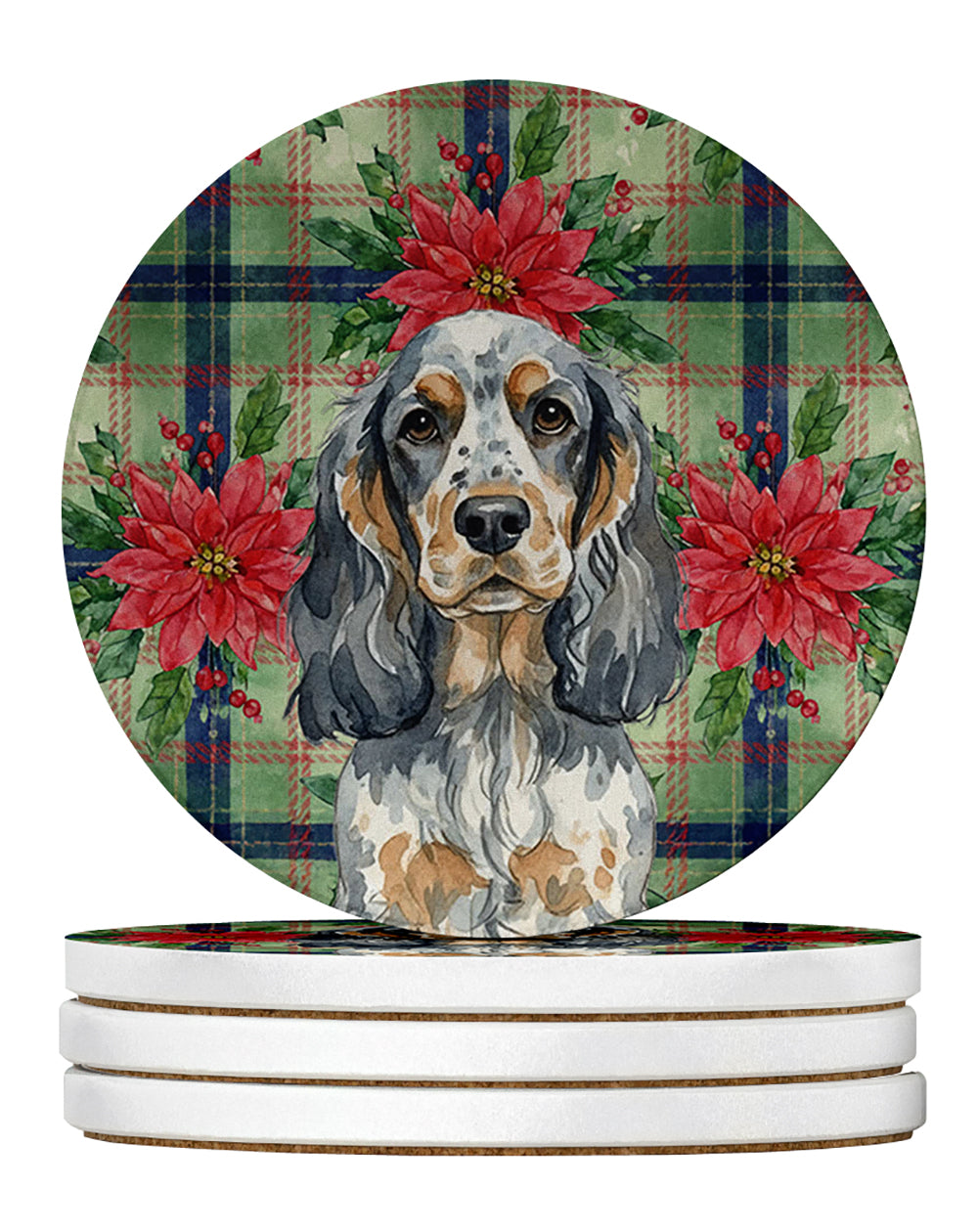 Blue Roan & Tan English Cocker Spaniel Christmas PoinsettIas Large Sandstone Coasters Pack of 4 Absorbent Round Coasters Decor Gifts for Men or Women, 4 in, Multicolor
