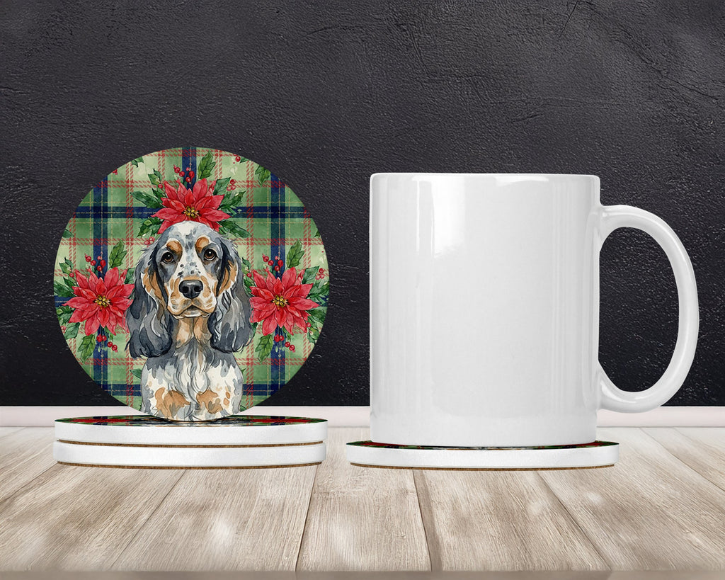 Blue Roan & Tan English Cocker Spaniel Christmas PoinsettIas Large Sandstone Coasters Pack of 4 Absorbent Round Coasters Decor Gifts for Men or Women, 4 in, Multicolor