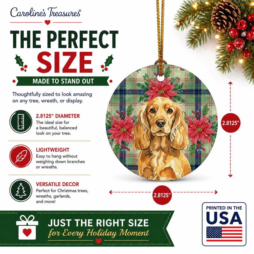 Golden English Cocker Spaniel Christmas PoinsettIas Ceramic Ornament Christmas Tree Hanging Decorations for Home Christmas Holiday, Party, Gift, 3 in, Multicolor