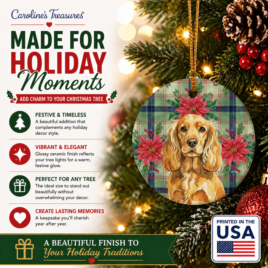 Golden English Cocker Spaniel Christmas PoinsettIas Ceramic Ornament Christmas Tree Hanging Decorations for Home Christmas Holiday, Party, Gift, 3 in, Multicolor