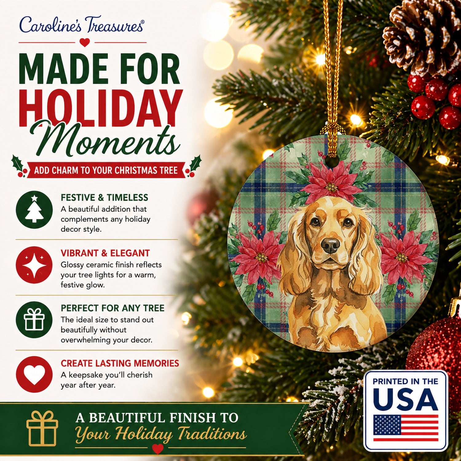 Golden English Cocker Spaniel Christmas PoinsettIas Ceramic Ornament Christmas Tree Hanging Decorations for Home Christmas Holiday, Party, Gift, 3 in, Multicolor