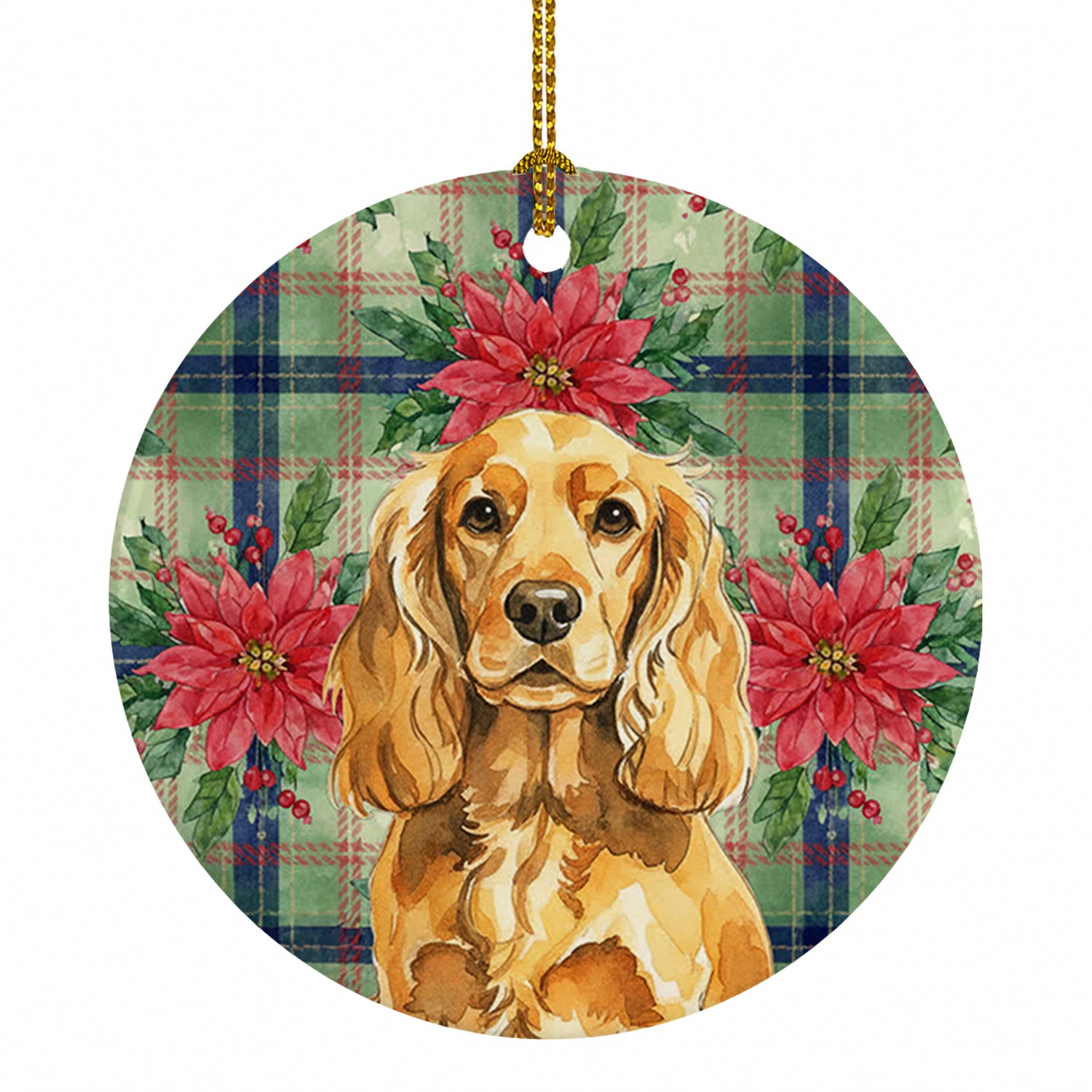 Golden English Cocker Spaniel Christmas PoinsettIas Ceramic Ornament Christmas Tree Hanging Decorations for Home Christmas Holiday, Party, Gift, 3 in, Multicolor