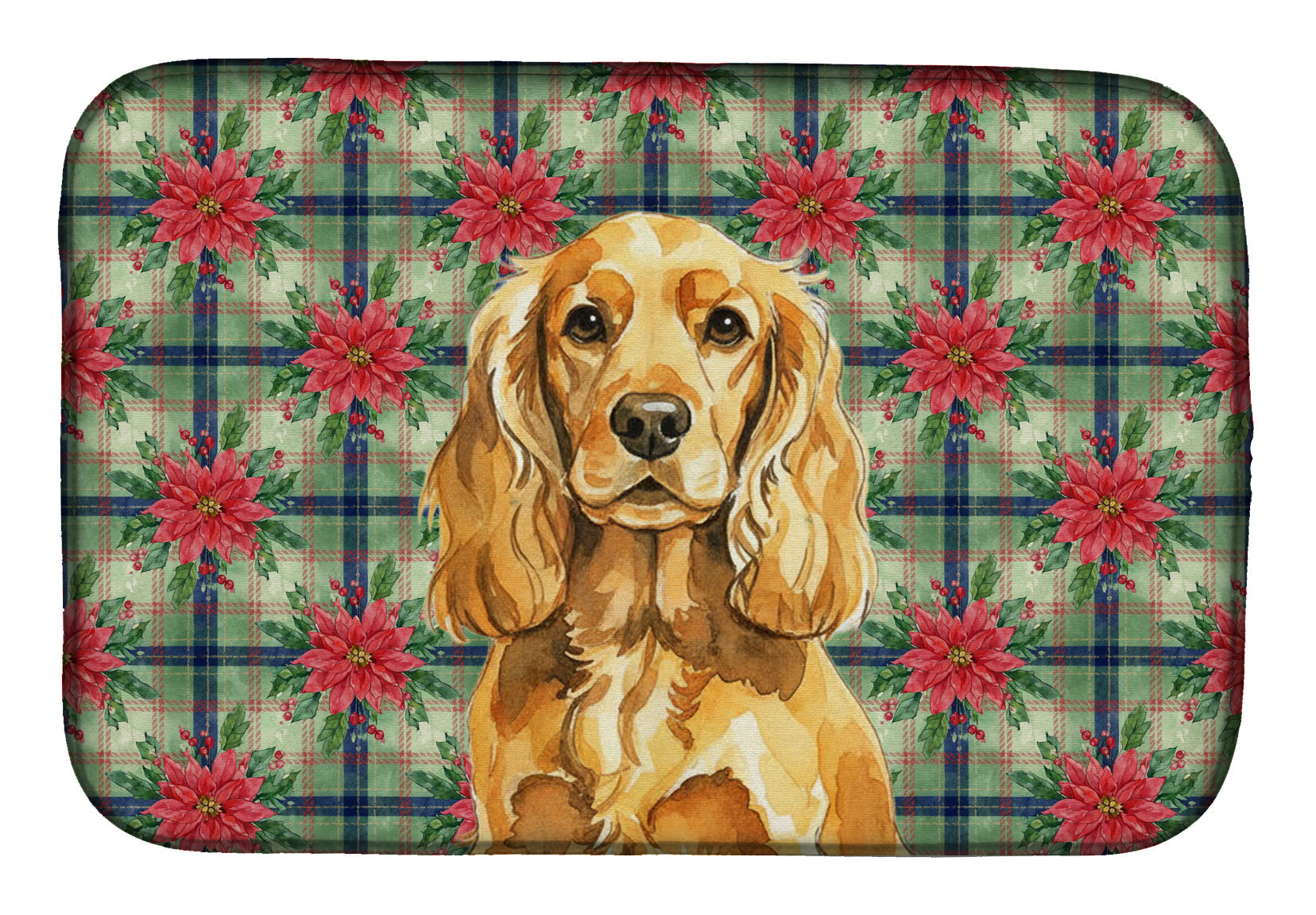 Golden English Cocker Spaniel Christmas PoinsettIas Dish Drying Mat Absorbent Dish Drying Mat Pad for Kitchen Counter Dish Drainer Mat for Countertop, 14 x 21", Multicolor