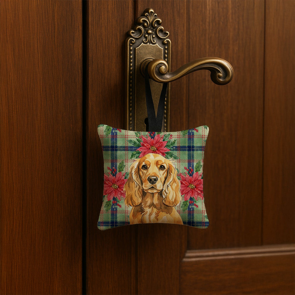 Golden English Cocker Spaniel Christmas PoinsettIas Hanging Square Fabric Ornament 3.5 � 3.5 Decorative Door-Knob & Tree Hanger, Soft Fabric
