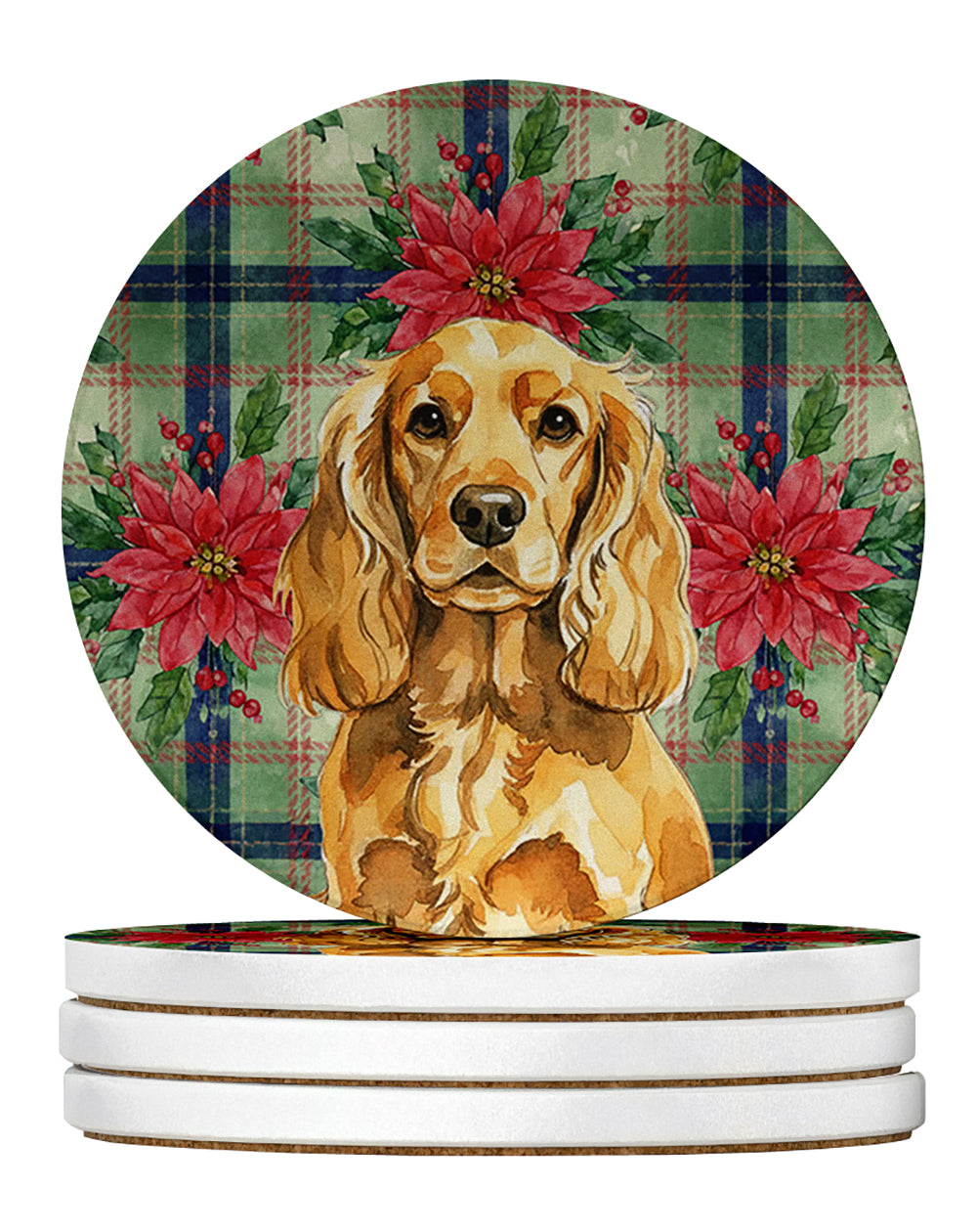 Golden English Cocker Spaniel Christmas PoinsettIas Large Sandstone Coasters Pack of 4 Absorbent Round Coasters Decor Gifts for Men or Women, 4 in, Multicolor