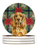 Golden English Cocker Spaniel Christmas PoinsettIas Large Sandstone Coasters Pack of 4 Absorbent Round Coasters Decor Gifts for Men or Women, 4 in, Multicolor
