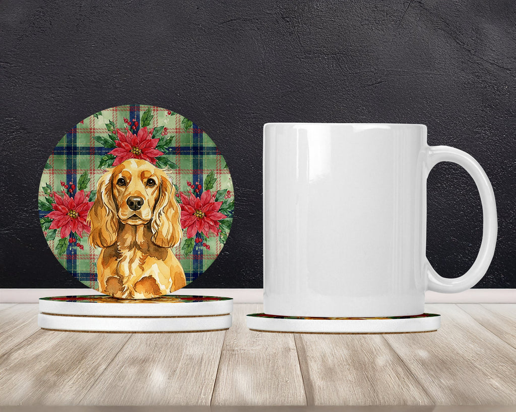 Golden English Cocker Spaniel Christmas PoinsettIas Large Sandstone Coasters Pack of 4 Absorbent Round Coasters Decor Gifts for Men or Women, 4 in, Multicolor