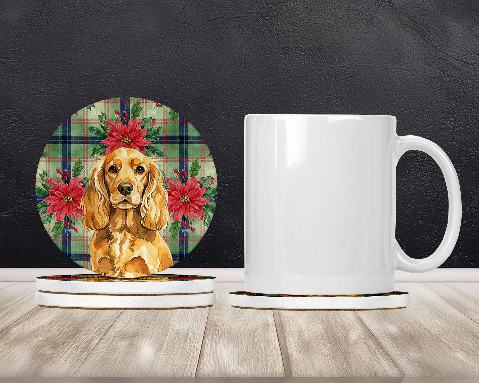 Golden English Cocker Spaniel Christmas PoinsettIas Large Sandstone Coasters Pack of 4 Absorbent Round Coasters Decor Gifts for Men or Women, 4 in, Multicolor