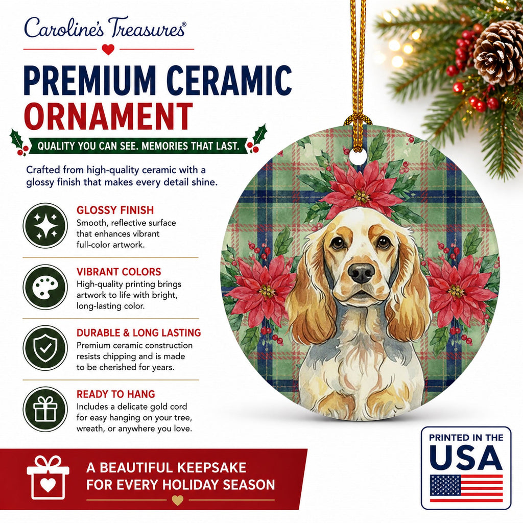 Lemon Roan English Cocker Spaniel Christmas PoinsettIas Ceramic Ornament Christmas Tree Hanging Decorations for Home Christmas Holiday, Party, Gift, 3 in, Multicolor