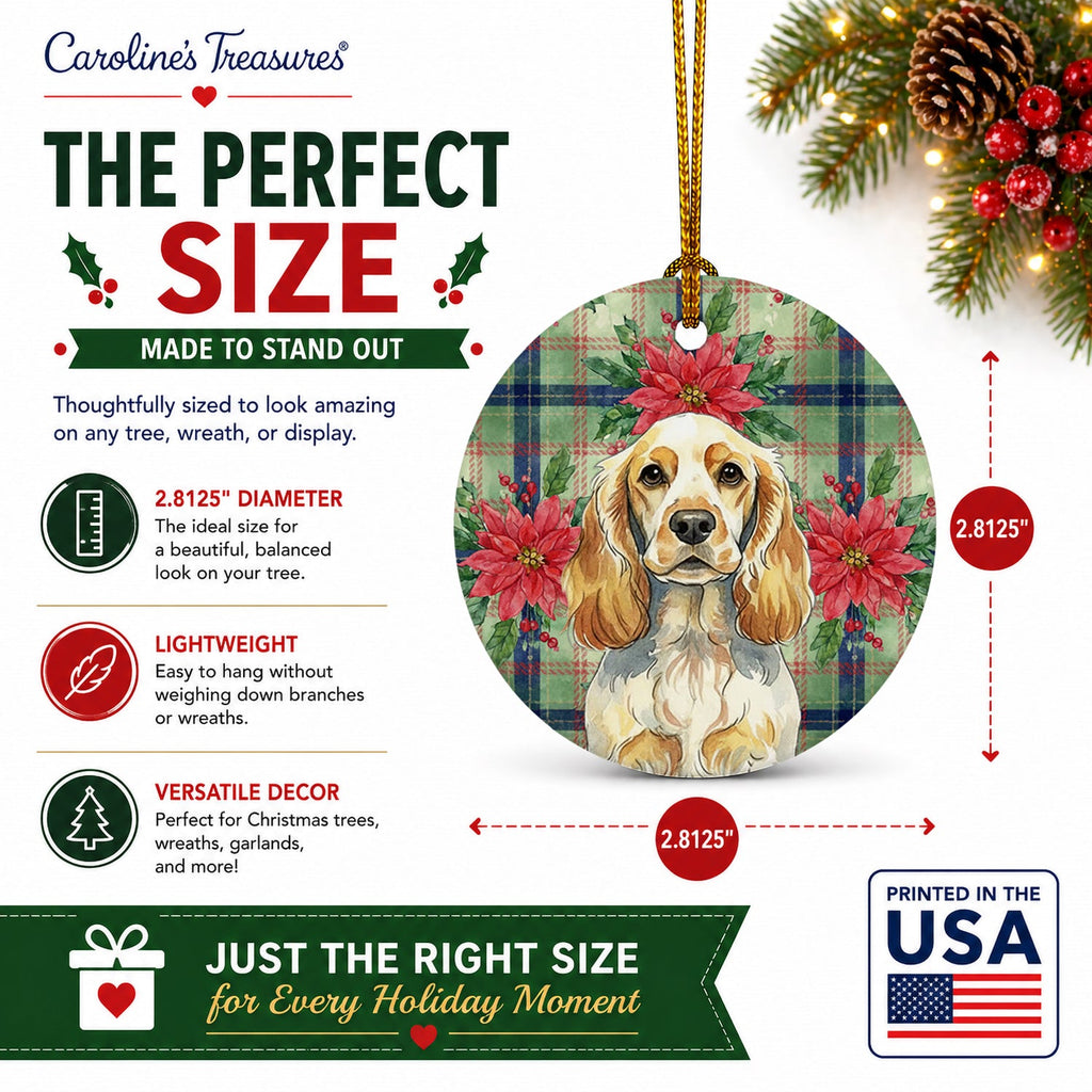 Lemon Roan English Cocker Spaniel Christmas PoinsettIas Ceramic Ornament Christmas Tree Hanging Decorations for Home Christmas Holiday, Party, Gift, 3 in, Multicolor