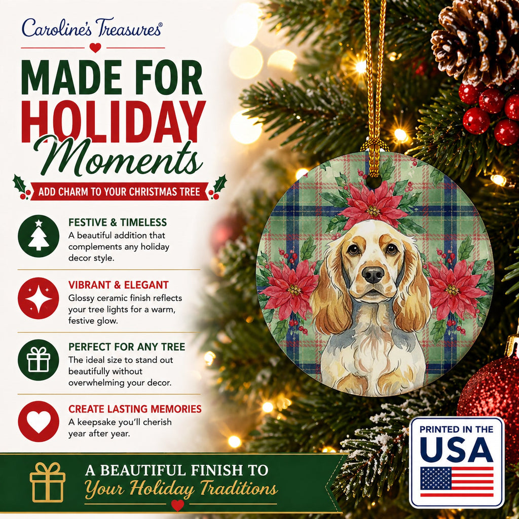 Lemon Roan English Cocker Spaniel Christmas PoinsettIas Ceramic Ornament Christmas Tree Hanging Decorations for Home Christmas Holiday, Party, Gift, 3 in, Multicolor