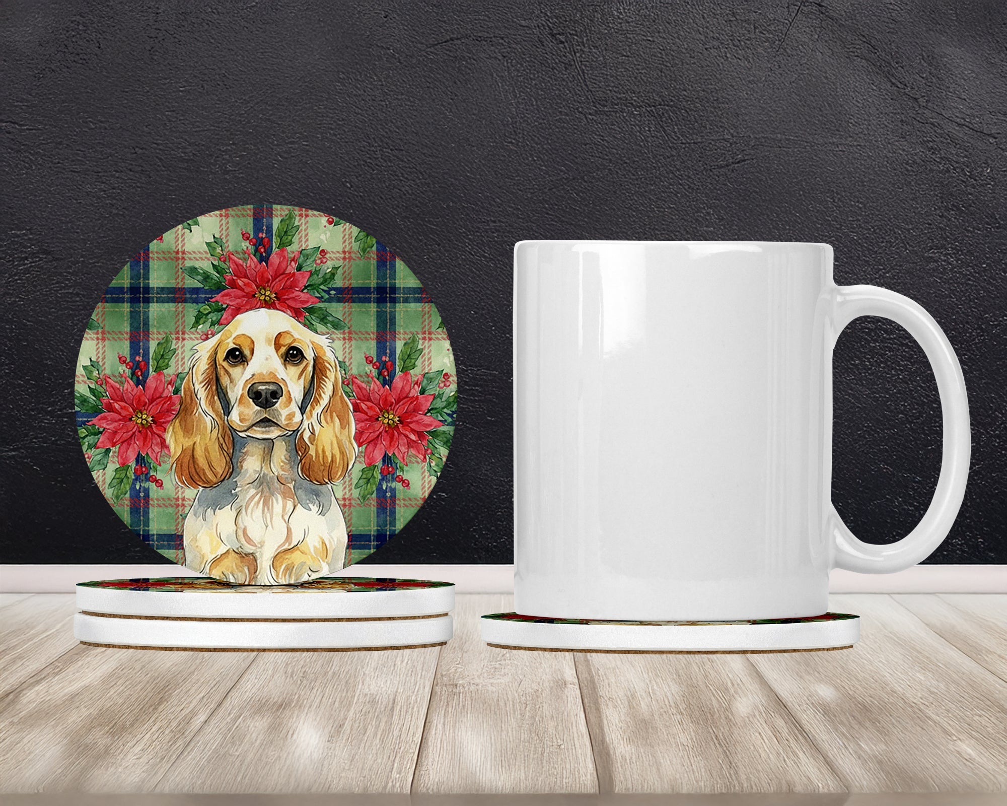 Lemon Roan English Cocker Spaniel Christmas PoinsettIas Large Sandstone Coasters Pack of 4 Absorbent Round Coasters Decor Gifts for Men or Women, 4 in, Multicolor